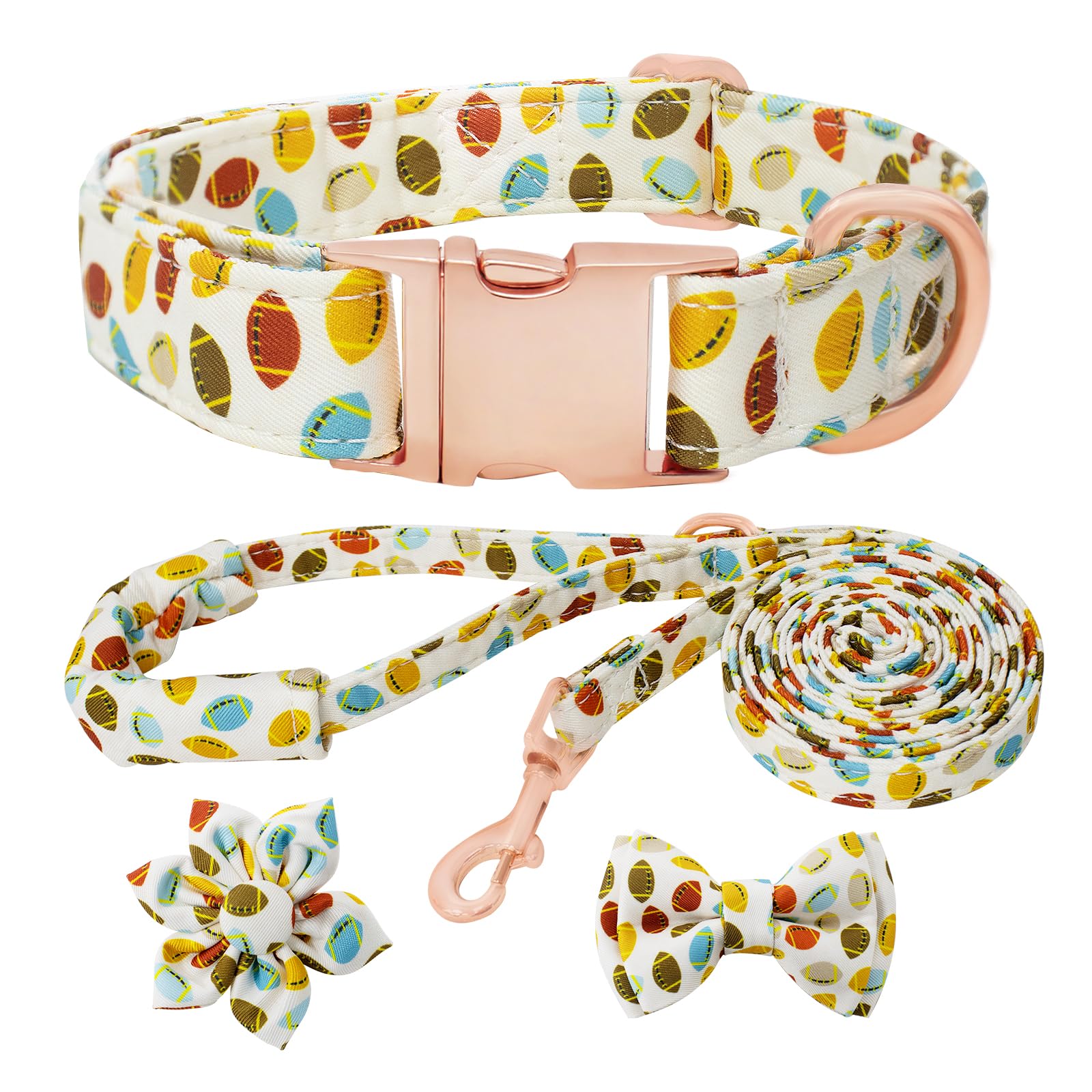 HSIGIO Dog Collar and Leash Set Girls Adjustable Puppy Collars with Floral Bow Tie for Small Medium Large Female Dogs, Rugby, M