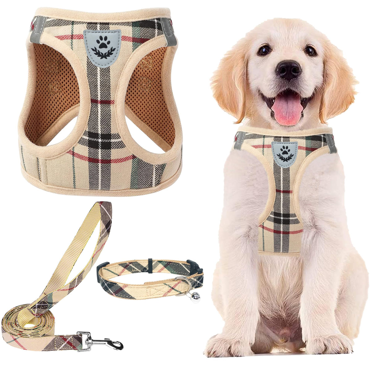 Pupteck Adjustable Dog Harness Collar And Leash Set Step In No Pull Pet Harness For Small Medium Dogs Puppy And Cats Outdoor Walking Running, Soft Mesh Padded Reflective Vest Harnesses, Christmas, M