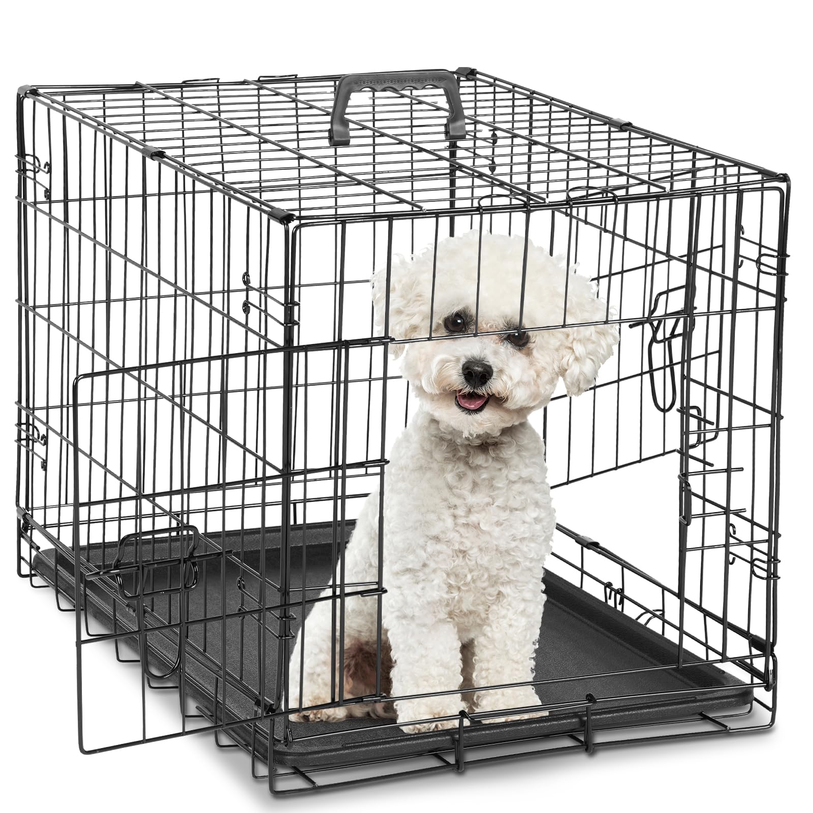 Dumos 24-Inch Double Door Dog Crate | Durable Metal Pet Kennel With Secure Locks | Foldable & Portable Design For Small Dogs | B