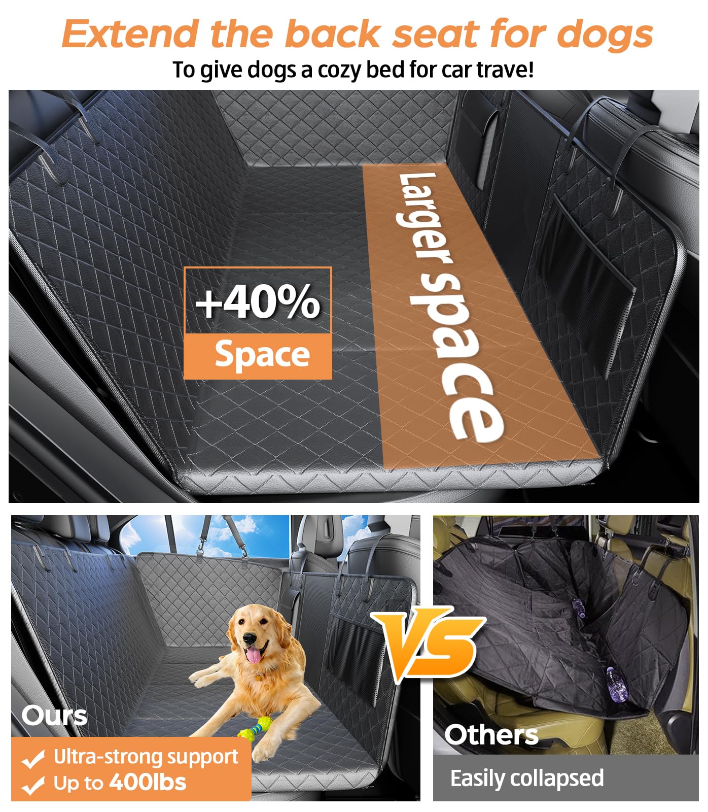 Dog Car Seat Cover For Back Seat, Waterproof Hard Bottom Back Seat Extender For Dogs, Dog Hammock For Car With Support Bar Holds