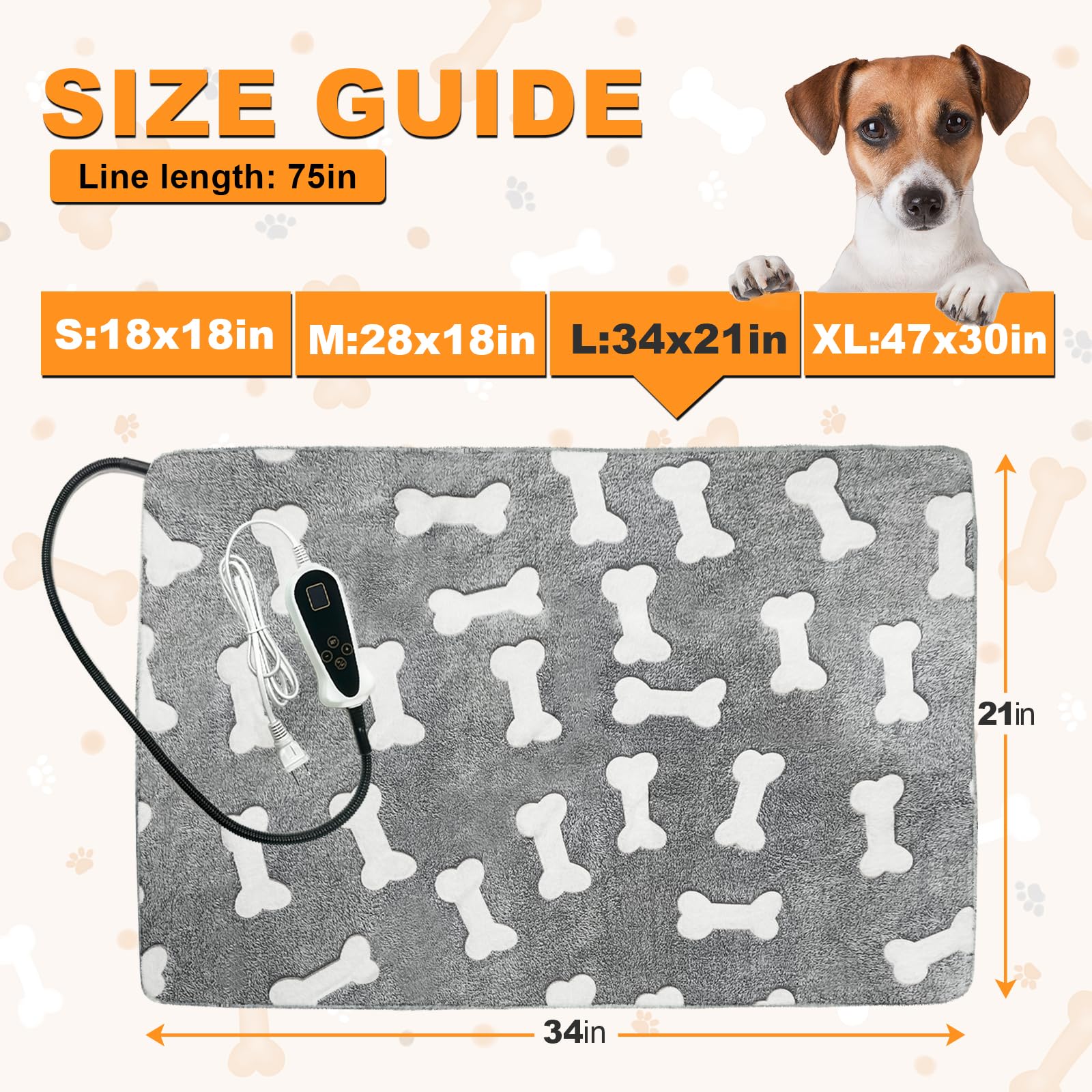 Bestio Largr Dog Heating Pad,34 X 21 In Heated Dog Bed, Adjustable Thermostat + Normally On Function,Metal Protective Tube For K