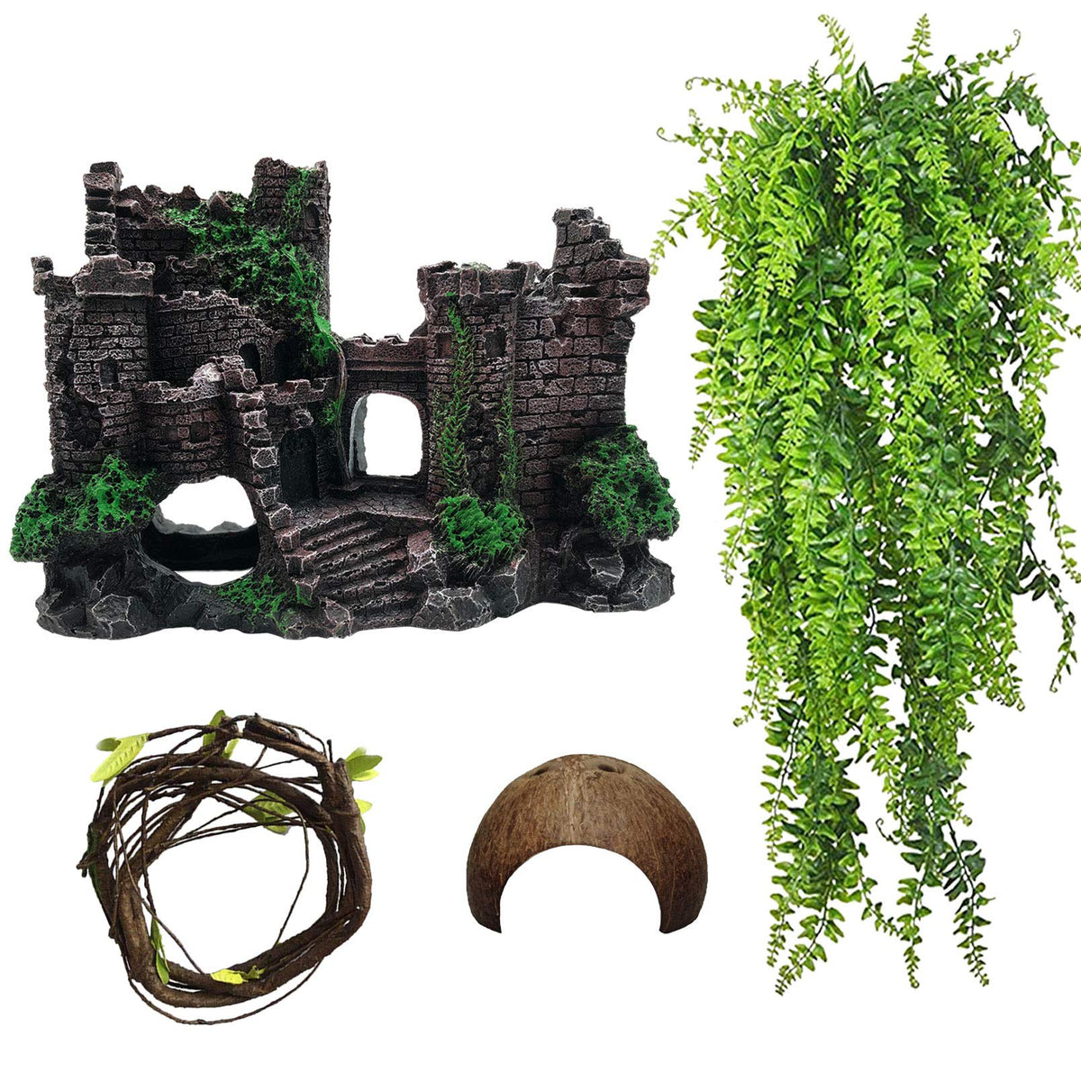 Tfwadmx Resin Classical Castle Reptile Habitat Decorations Lizard Hideouts Cave Coconut Shell Hut Ornament Terrarium Accessories For Chameleon,Gecko,Lizard,Snake And Hermit Crabs