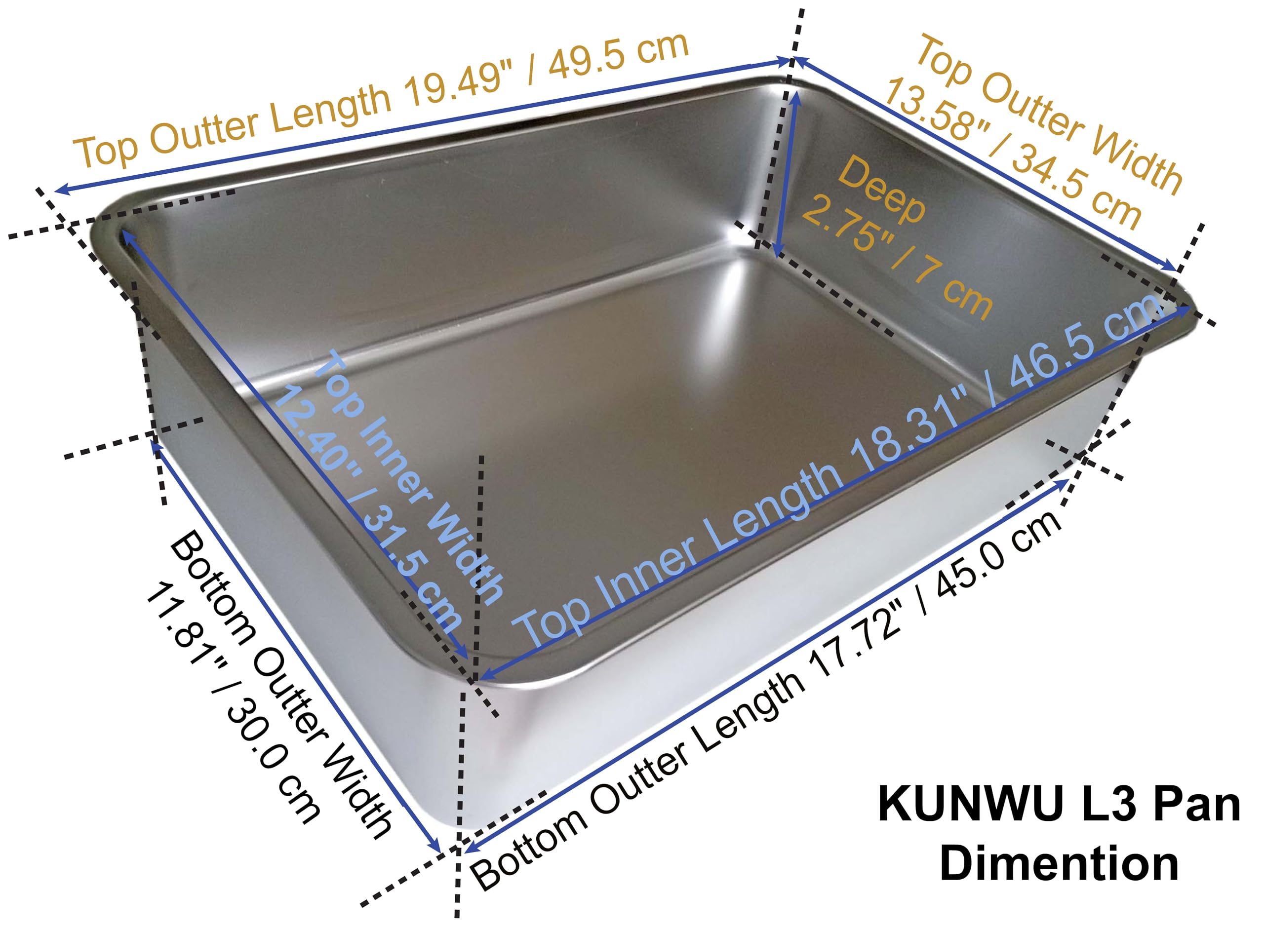 Kunwu Stainless Steel Pet Litter Box 20'X14'X2.75' For Cat, Dog & Rabbit, Corrosion Resistant Easy Clean Durable Pan (L (20'X14'), 2.75' Deep)