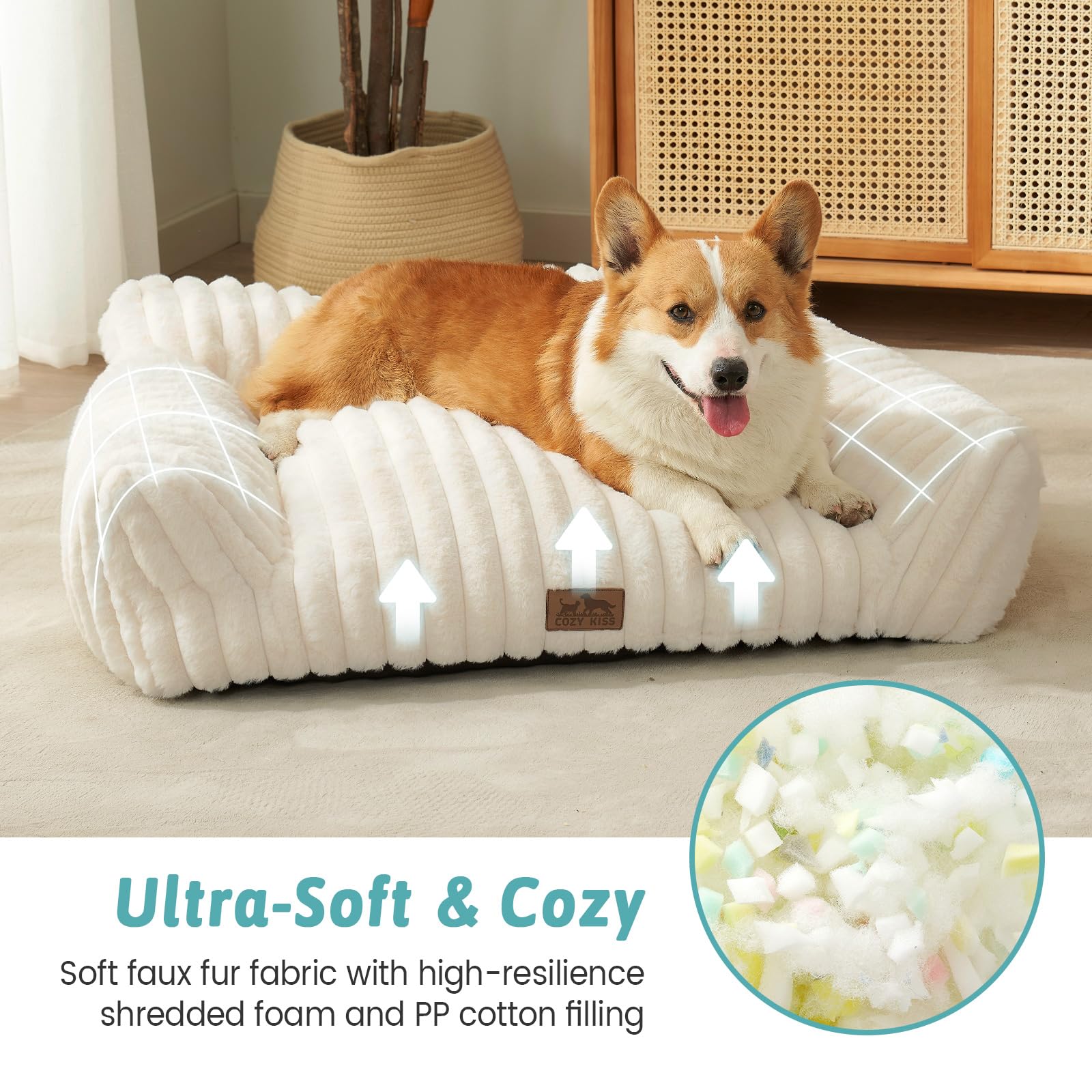 COZY KISS Cute Cat Couch, Premium Plush Faux Fur Pet Couch Bed, Ultra-Soft Pet Furniture for Cats & Small Dogs (Cream, S: 25.5