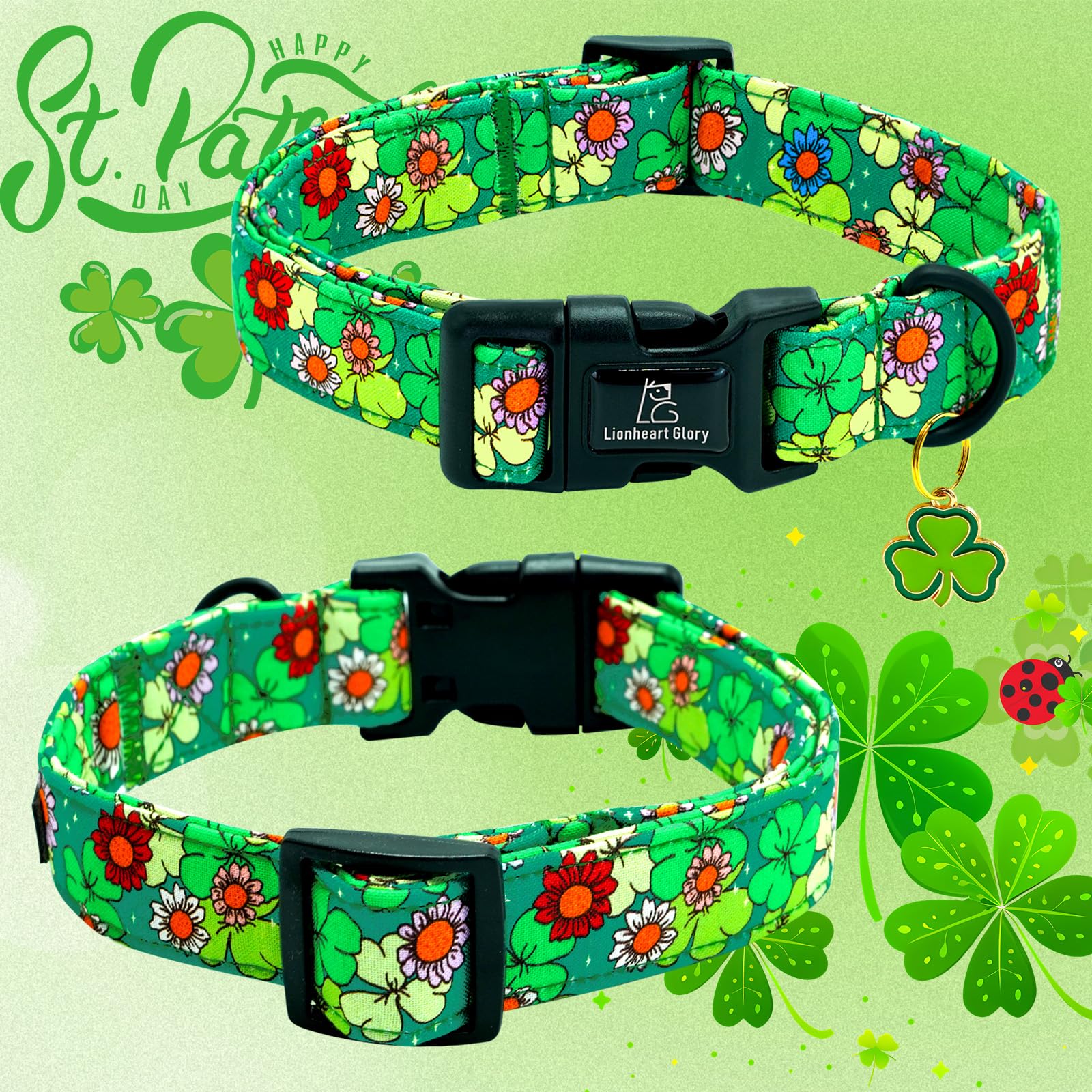 Lionheart Glory St. Patrick Dog Collar-Lucky Clover Shamrock Green Collars For Medium Dogs Spring Trefoil Dog Collar Adjustable