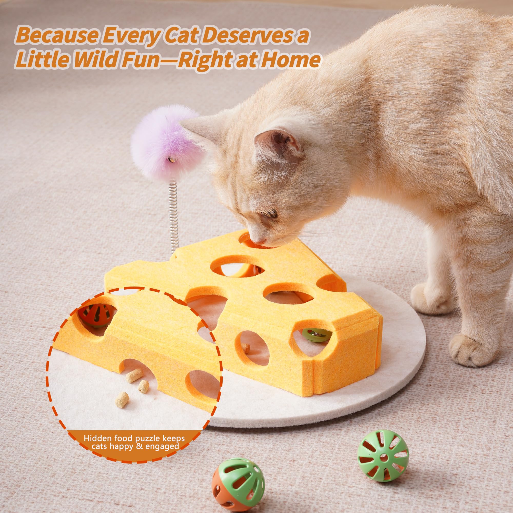 BZDBZD Interactive Cat Puzzle Feeder - Felt Cheese Cat Scratch Box-Nail File Maze, Jingle Balls & Spring Teaser | Slow Feeding &