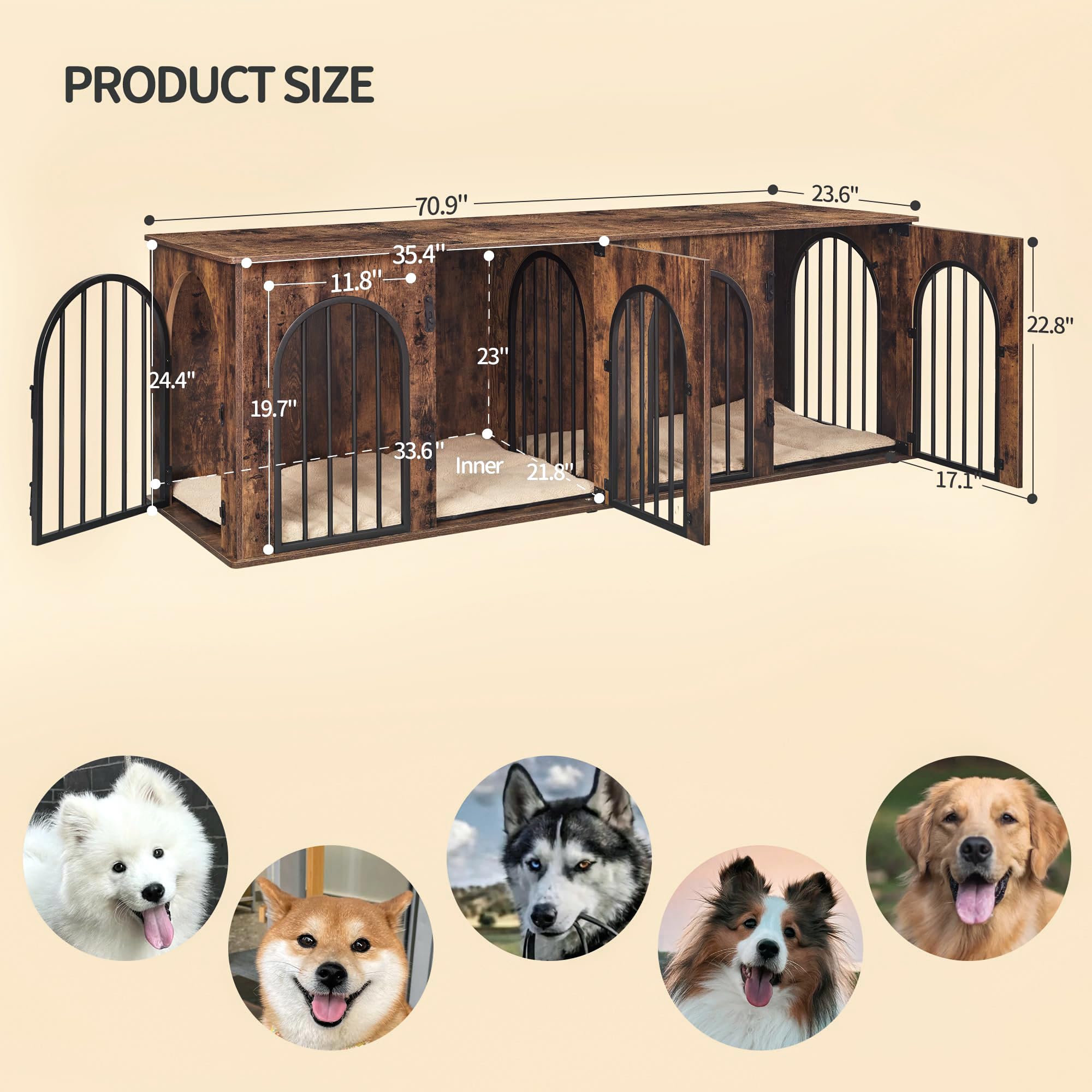Hzuaneri 63" Heavy Duty Dog Crate Furniture, XL Wooden Indoor Kennel for 2 Dogs, White Brown, Model DFC80914BV1