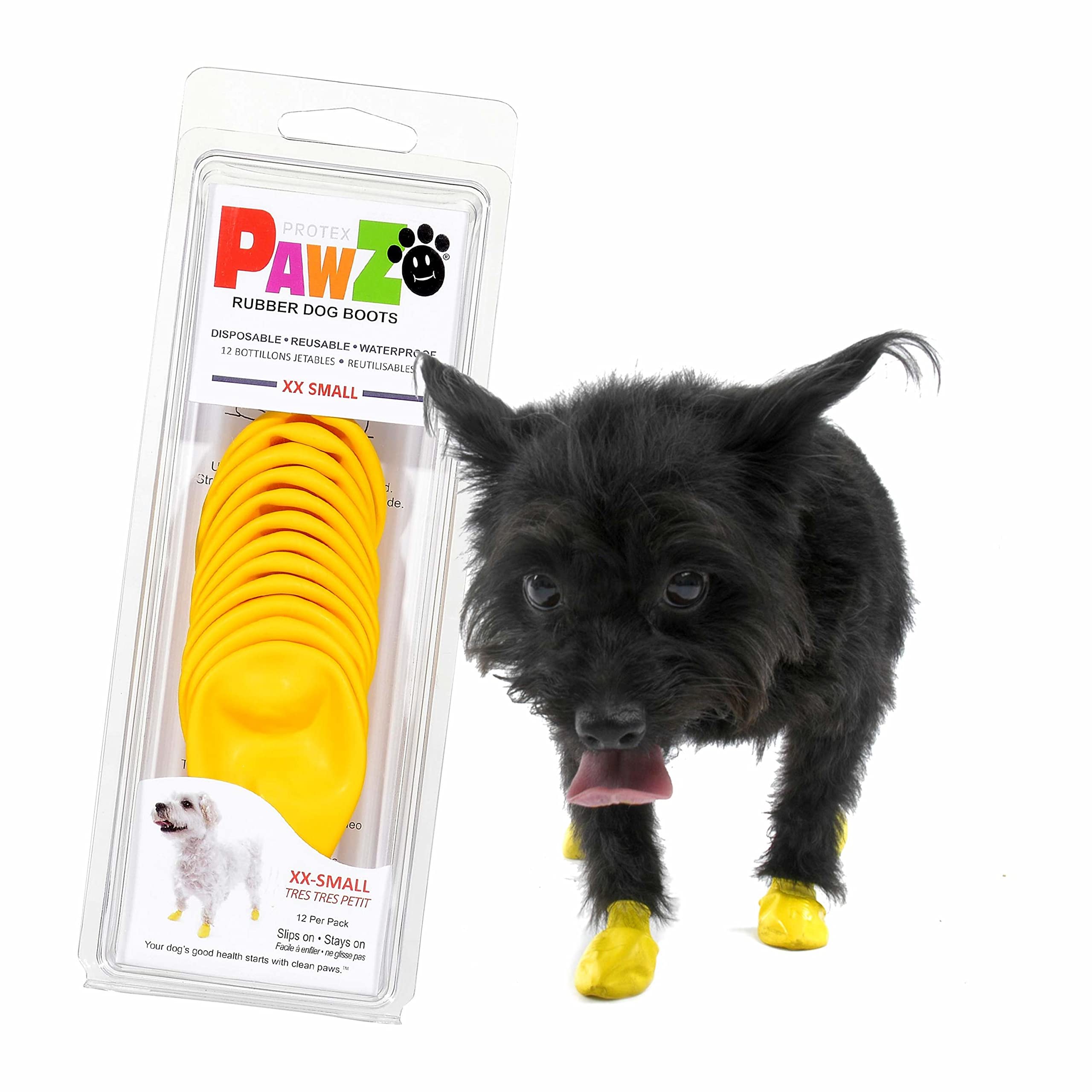 Pawz Rubber Dog Boots For Paws Up To 1' - 1/2' - Dog Booties For Hot Pavement, Anti Slip Dog Socks, 12 Reusable Paws Waterproof Dog Boots, Xxs, Yellow