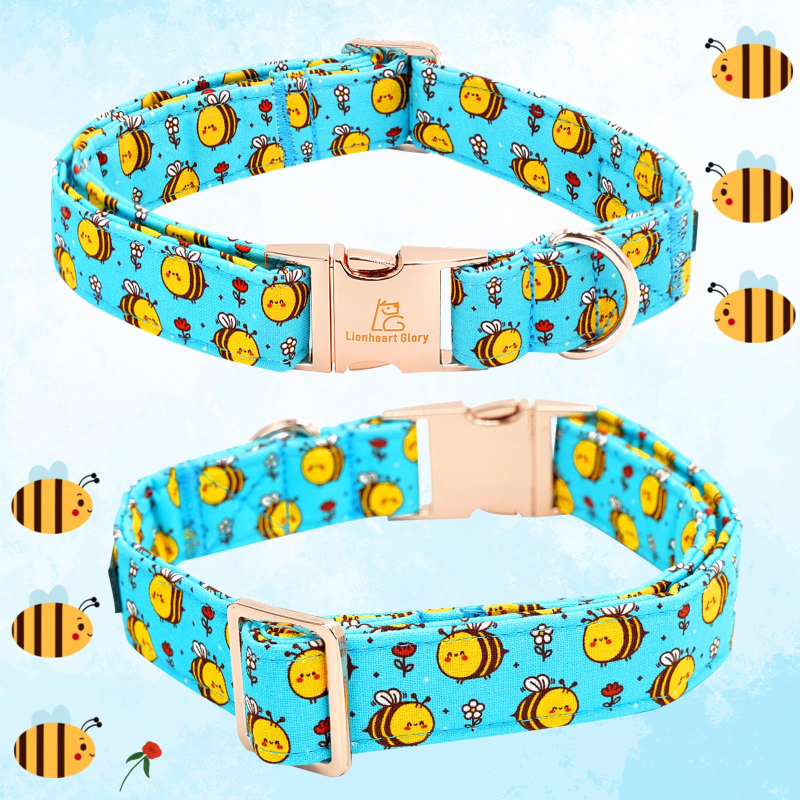 Lionheart Glory Dog Collar, Blue Dog Bow Collar Boy Girl Dog Collars With Bow Adjustable Bees Print Bowtie Collar For Small Dogs