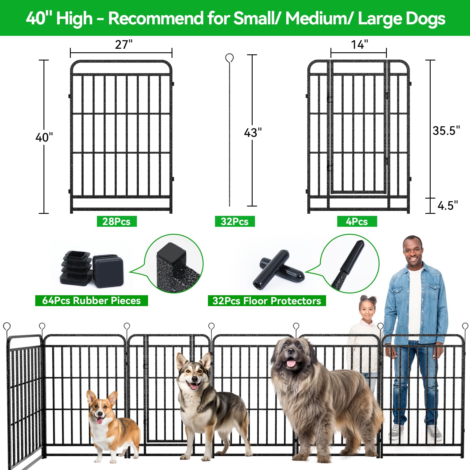 Dog Playpen Outdoor 32 Panels Heavy Duty Dog Fence 40 Height With Thick Pipe Anti-Rust With Doors Portable For Rv Camping Yard