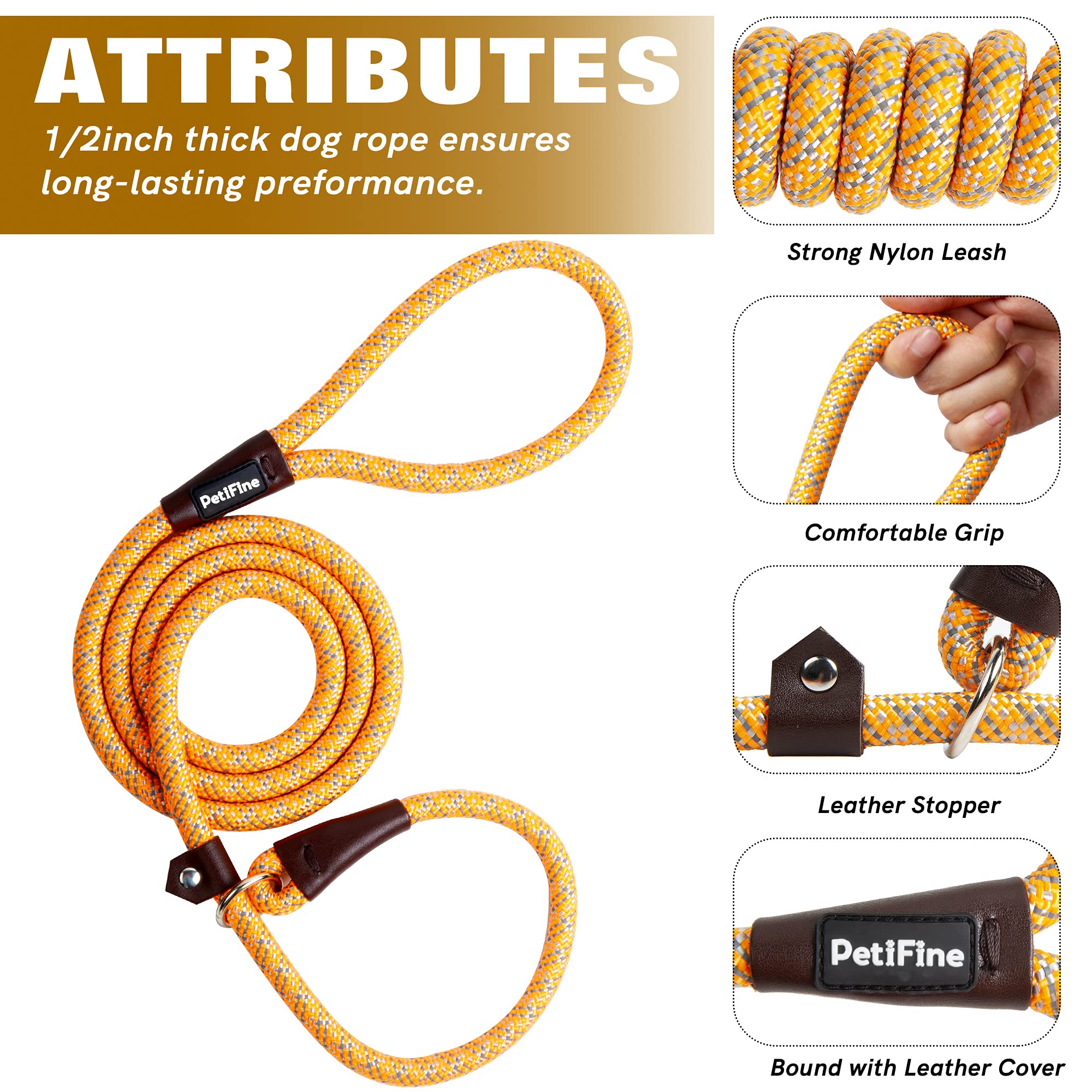 Petifine Slip Lead Dog Leash, Full Reflective Slip Knot Dog Training Leashes, Heavy Duty Adjustable Pet Nylon Slip Loop Leash For Small Medium Large Dogs (1/2' X 6 Ft, Orange)