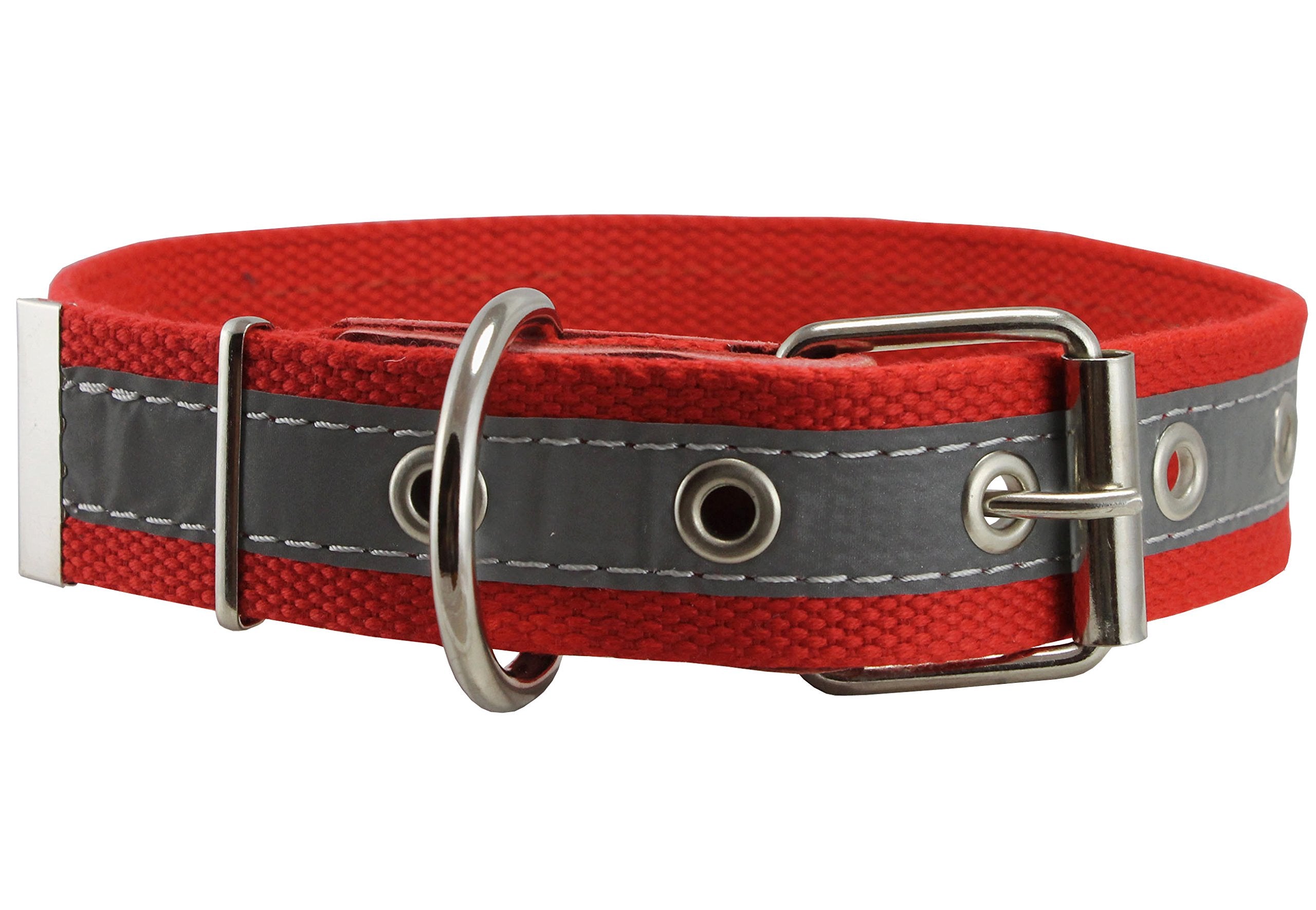 Cotton Web/Leather Reflective Dog Collar 24' Long 1.5' Wide Fits 16'-22' Neck, Pitbull, Cane Corso
