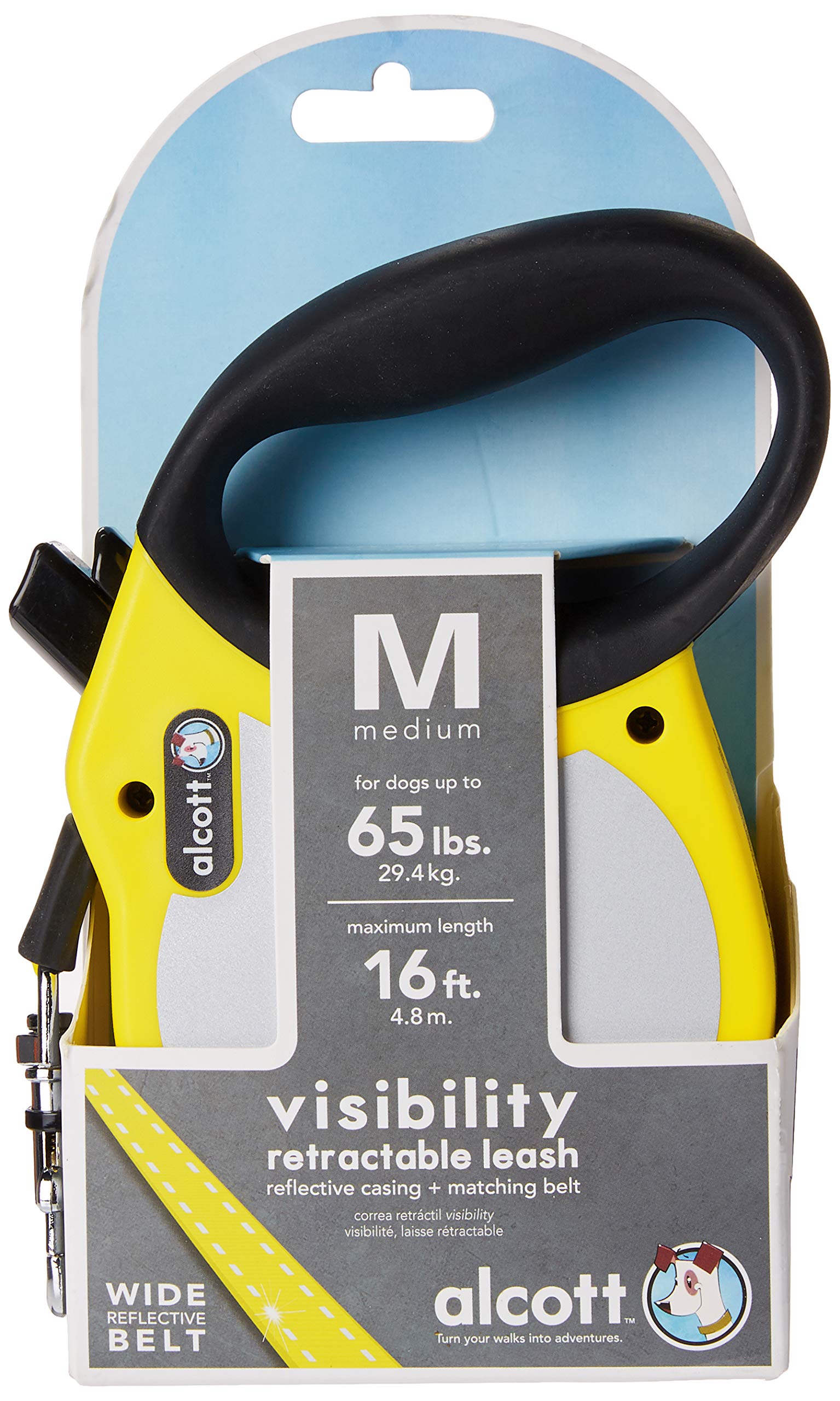 Alcott Visibility Retractable Reflective Belt Leash, 16' Long, Medium For Dogs Up To 65 Lbs., Neon Yellow With Reflective Accent