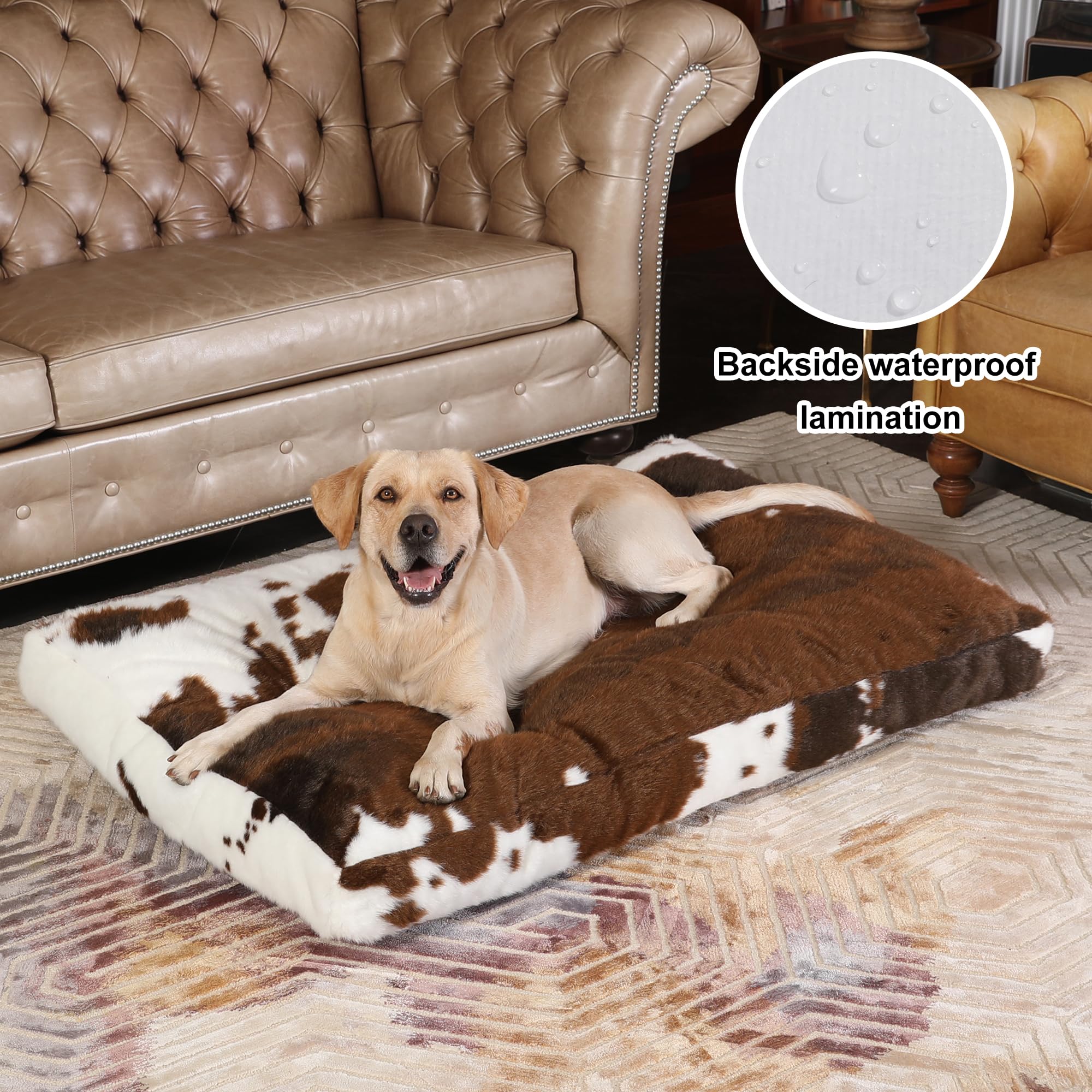 Bedfolks Plush Waterproof Dog Crate Bed, Faux Fur Kennel Pad For Extra Large Dogs, Removable Washable Cover, 41''X27'', Cow Prin