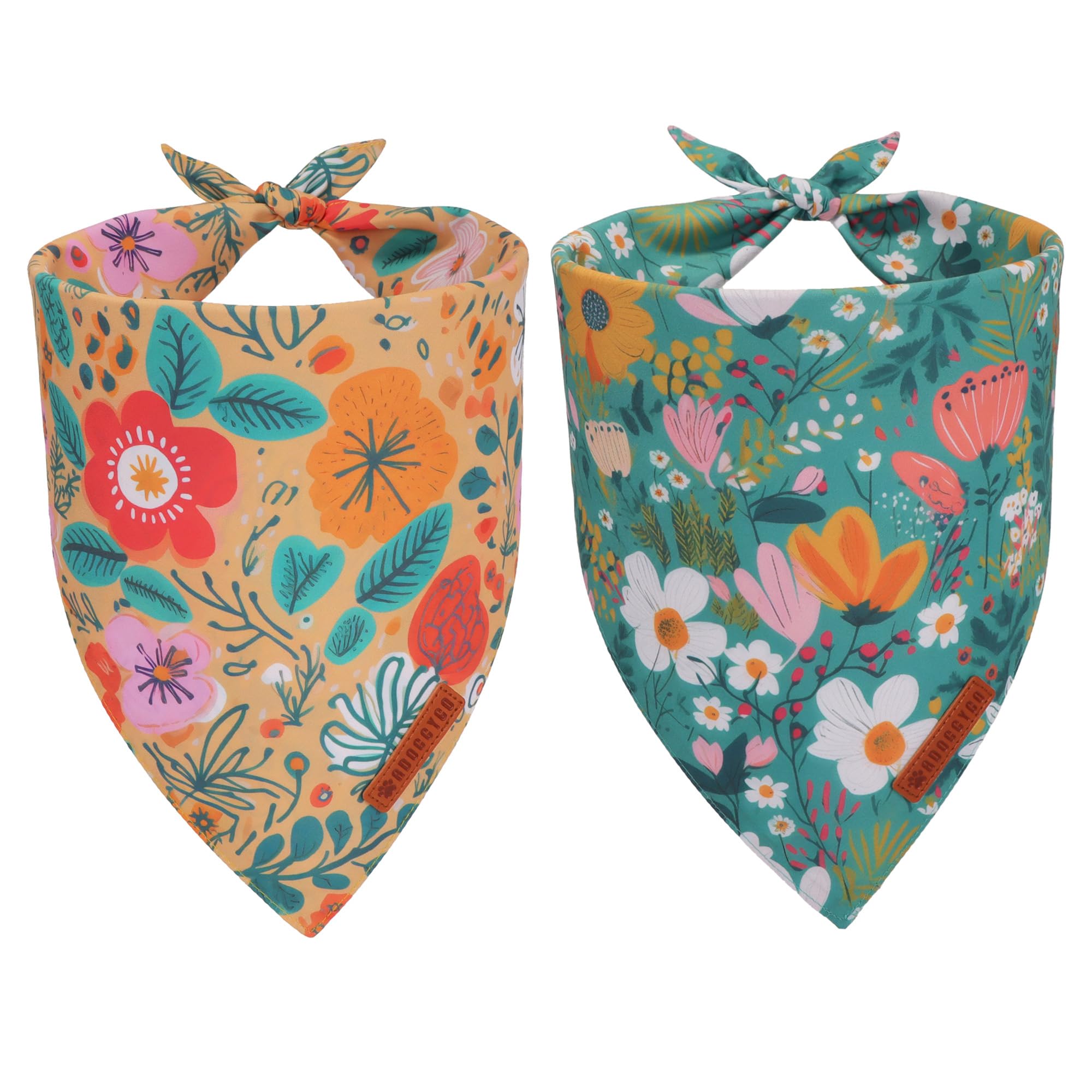 ADOGGYGO Floral Dog Bandana, Orange Green Flower Pet Scarf, Adjustable Fit Floral Bandanas for Medium Large Dogs Pets (Large)
