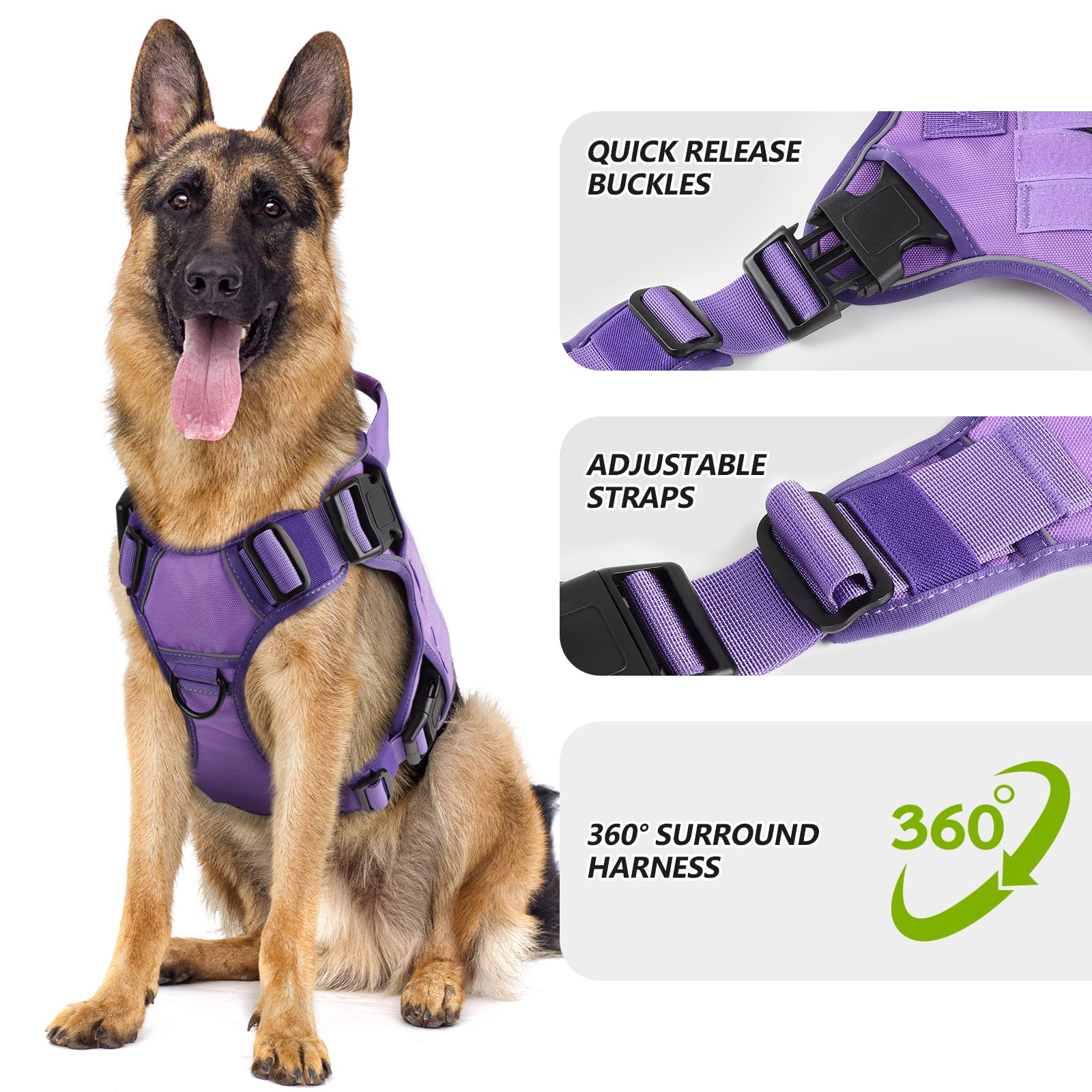 Wingoin Purple Tactical Dog Harness Vest With Handle Tactical Dog Harness For Large Dogs No Pull Adjustable Pet Harness Reflective K9 Military Service Dog Harnesses For Walking Hiking Training (L)