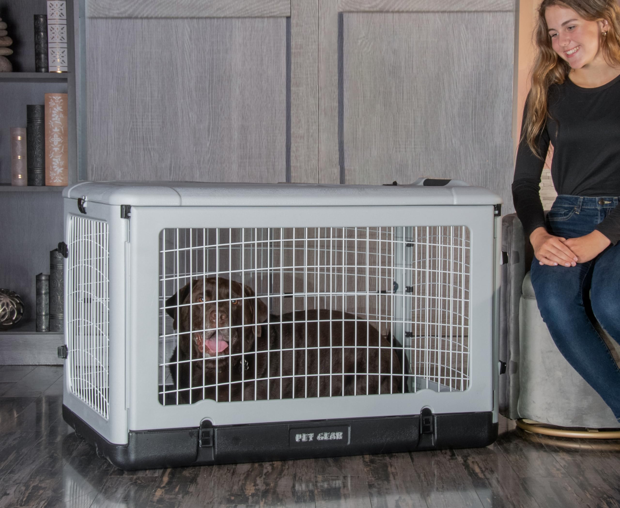 PET GEAR 4 Door Steel Crate for Dogs/Cats, 42 Inch, FOG, Model 5942TFO, Removable Tray