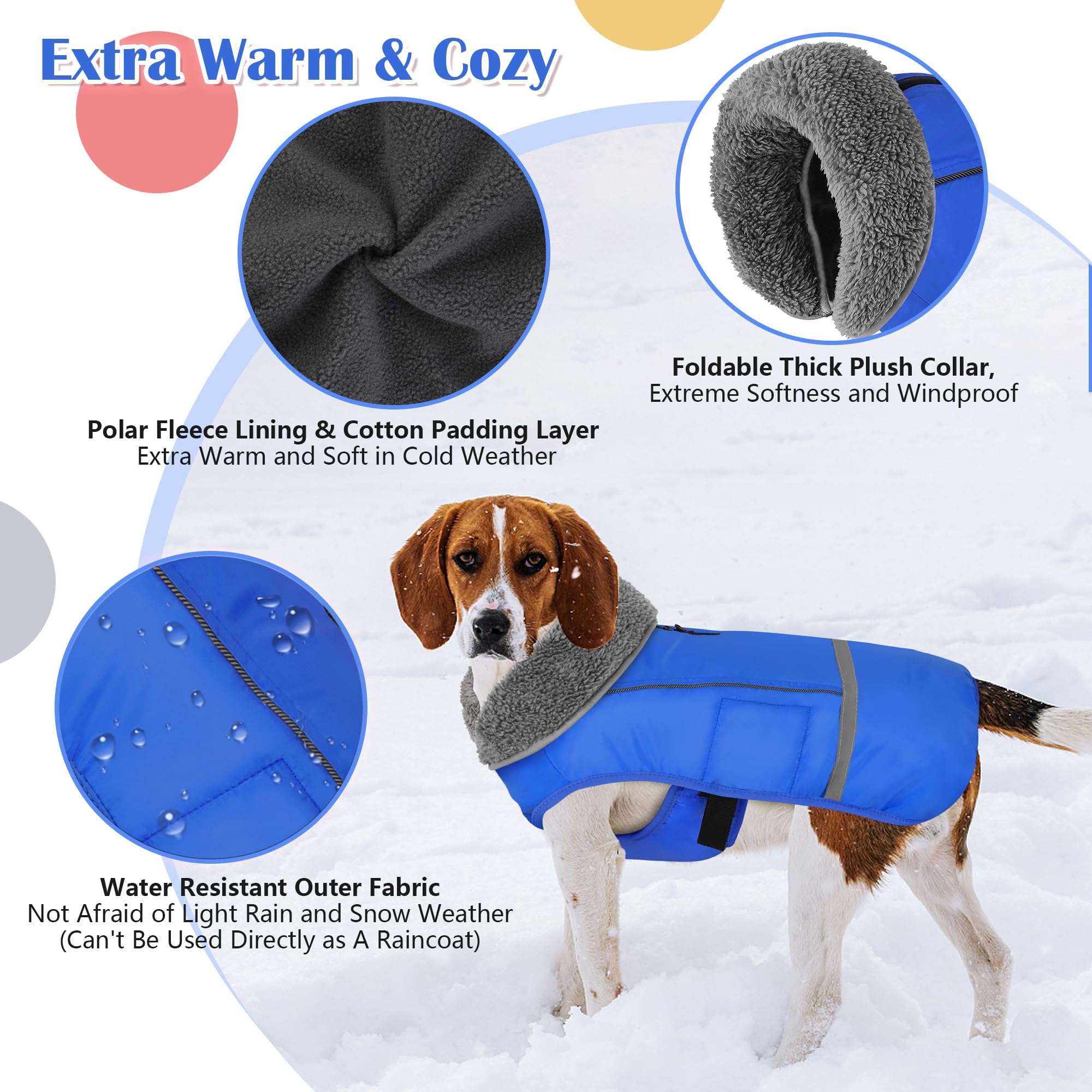 Dogcheer Waterproof Dog Coat - Adjustable Winter Jacket, Fleece Vest for Large Dogs, Blue