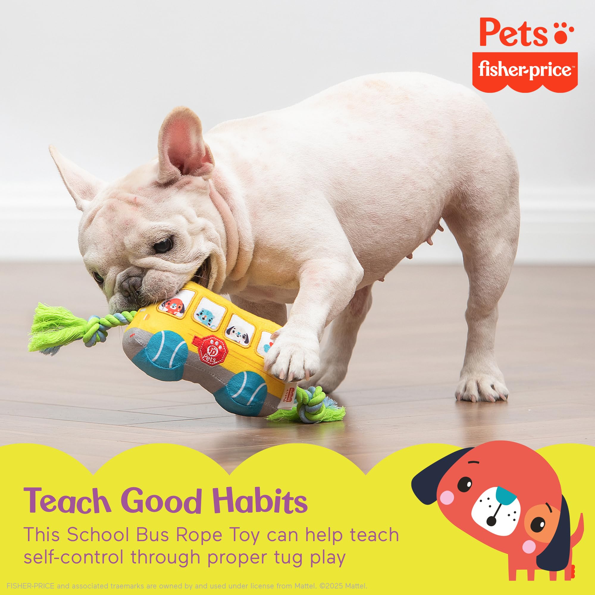 Fisher-Price for Pets School Bus Rope Toy for Dogs, Dog Tug Toy with Rope, Plush Dog Toy with Squeaker Inside, Developmental Dog