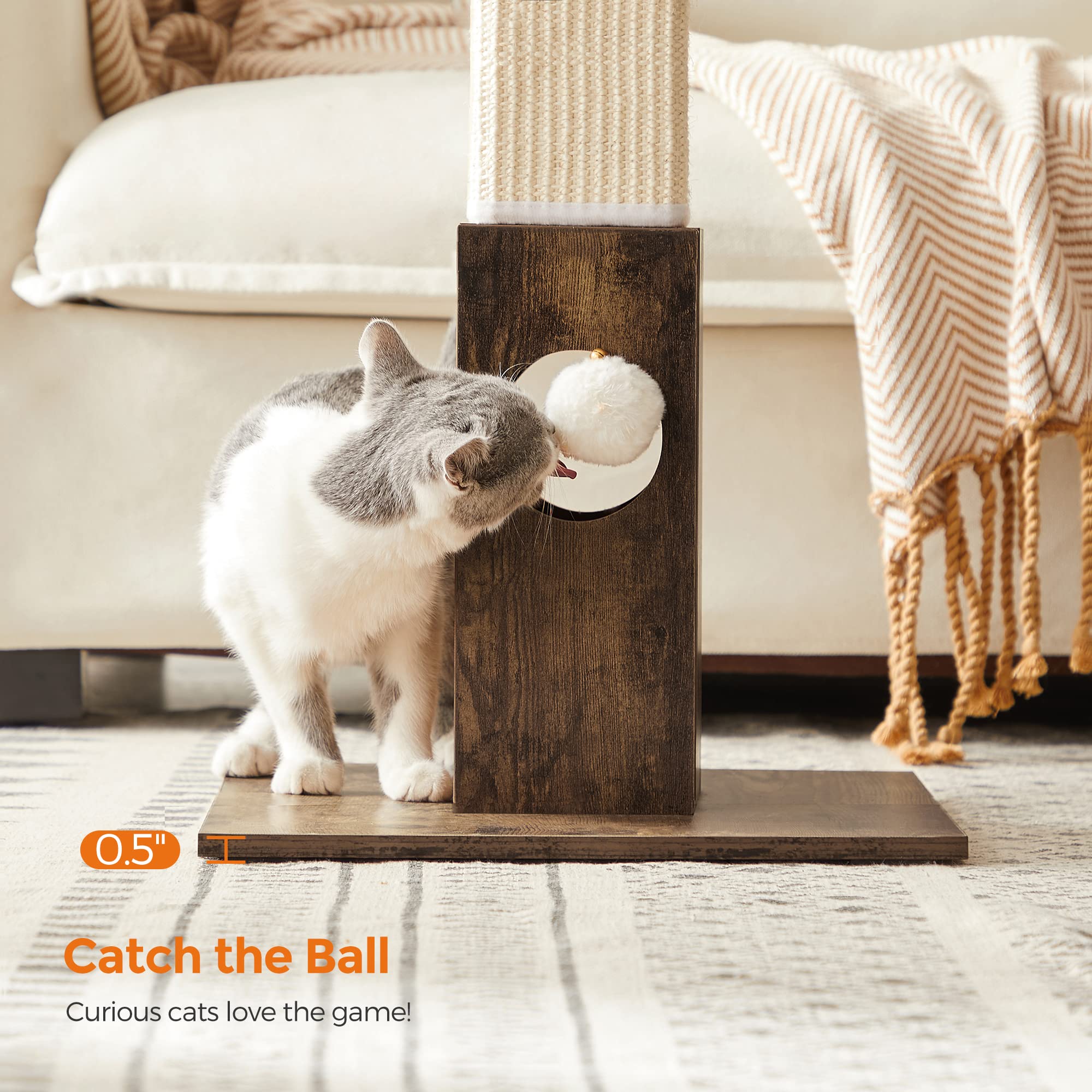 Feandrea Cat Scratching Post, Cat Scratcher For Indoor Cats, 28.7 Inches Tall, Furniture Scratching Deterrent Sisal Scratch Pole With Toy, Rustic Brown Upca021X01