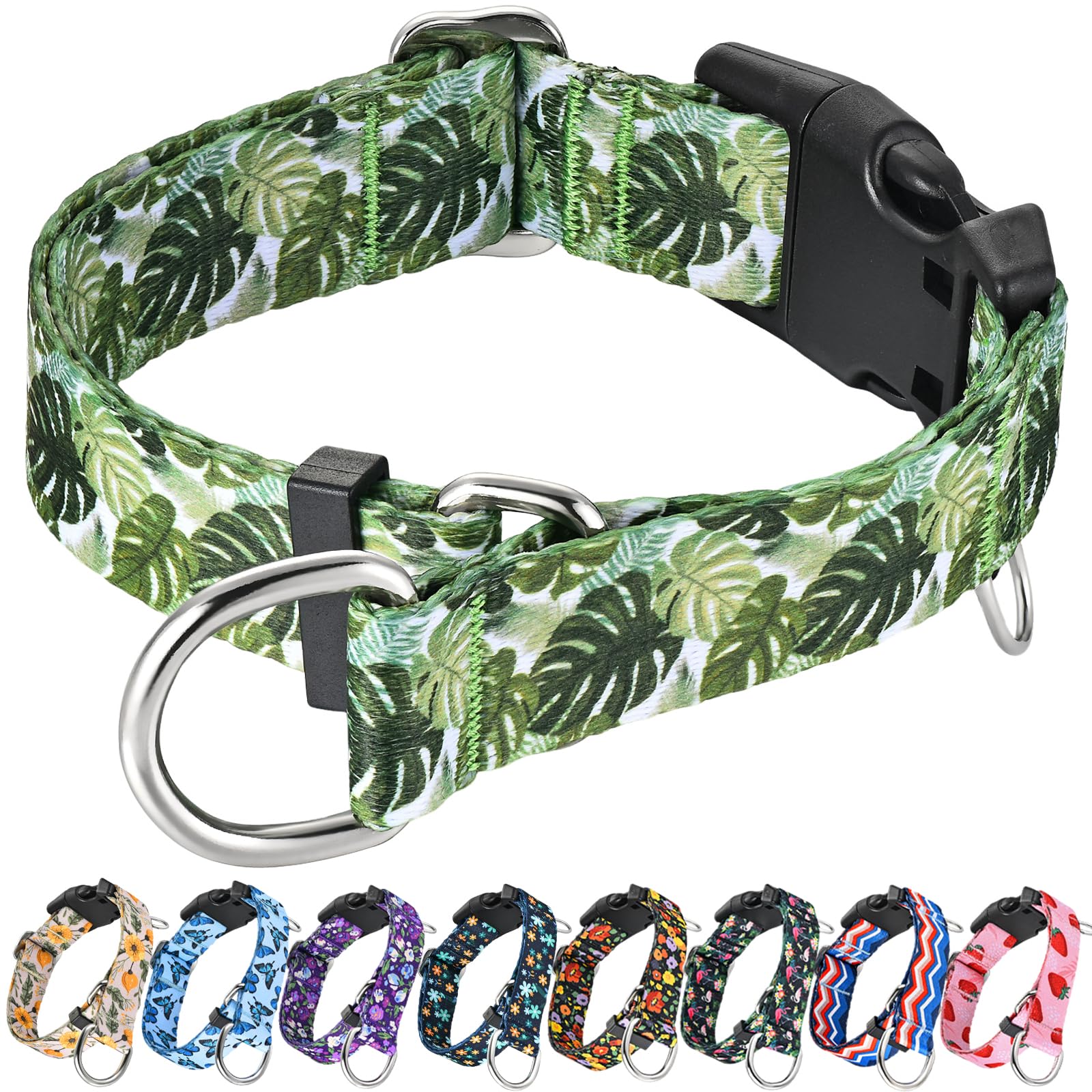 Fidohug Martingale Collar For Dogs With Buckle Adjustable Nylon Tropical Slip No Pull Training Dog Collars (Palm Leaf, Large)