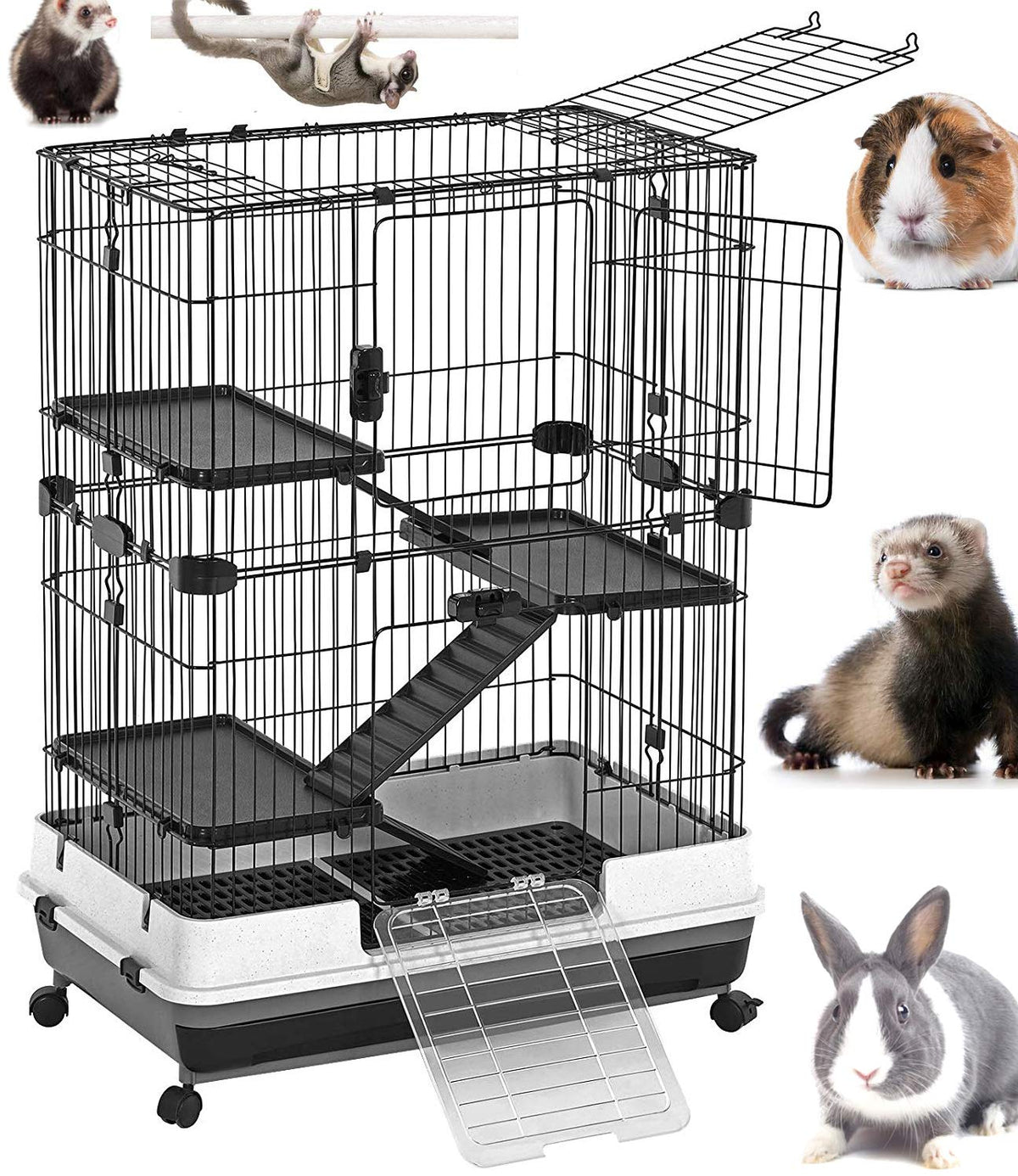 X-Large Deluxe 4-Level In/Outdoor Rabbit Hutch Cage For Ferret Squirrel Chinchilla Solid Platform Ramp Mesh Floor Easy Clean 2-I