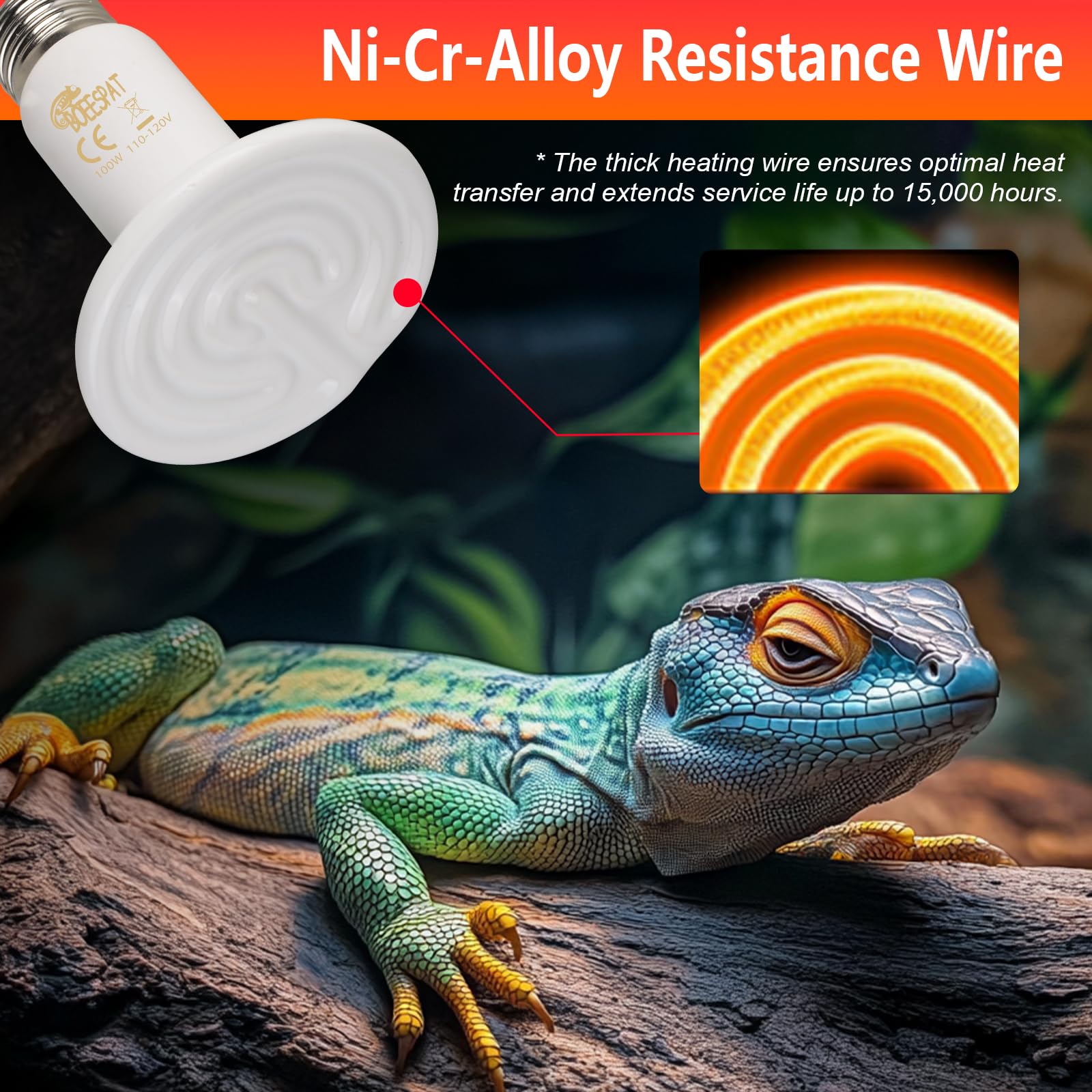 BOEESPAT High Efficiency 60W Ceramic Heat Emitters, Pack of 2 Reptile Heat Lamp Bulbs for Bearded Dragon, Lizard, Geckos, Iguana