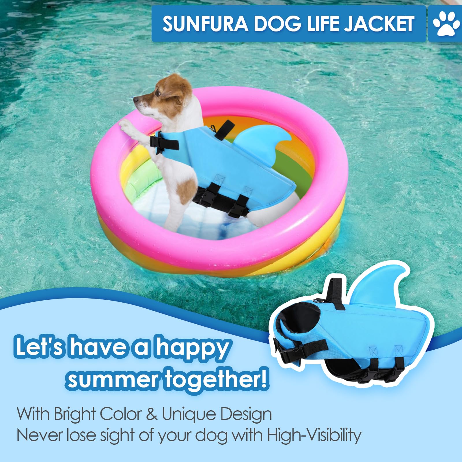 Sunfura Dog Swimming Vest, Adjustable Dog Life Jacket For Boating Pool, High Flotation Puppy Safety Swimsuit Pet Life Preserver With Reflective Strips For French Bulldog, Blue L