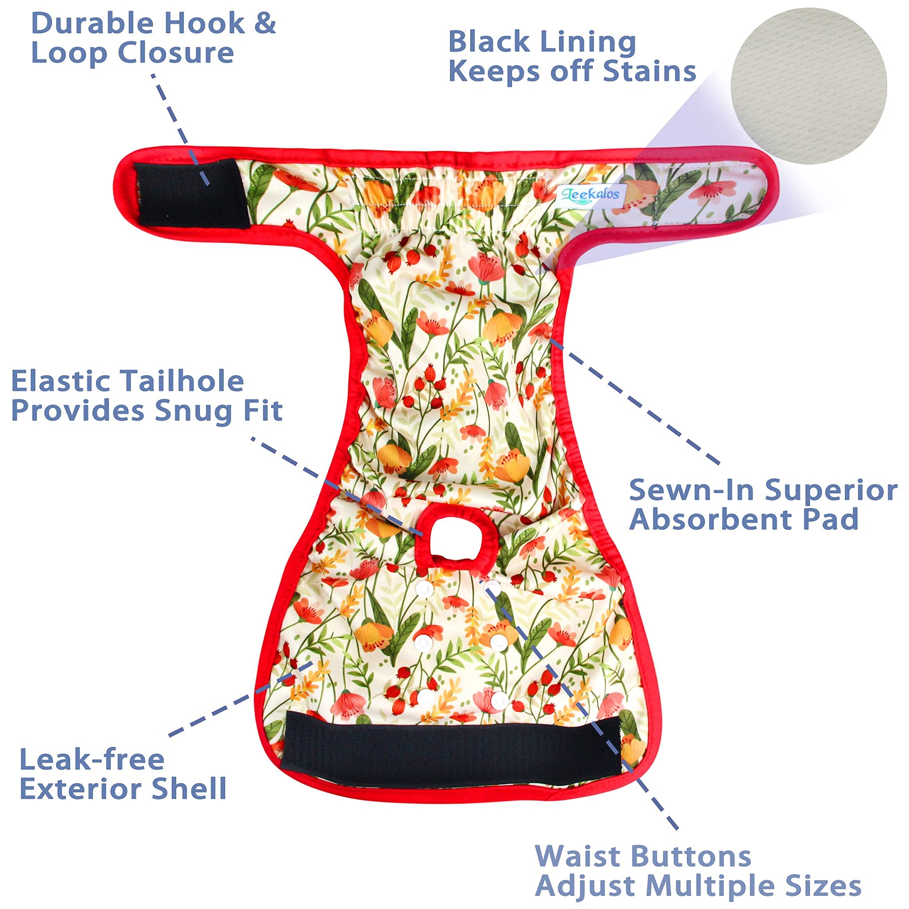 Leekalos Reusable Washable Dog Diapers Female (3 Pack) - Highly Absorbent Doggie Diapers - Size Adjustable Puppy Diapers for Dog