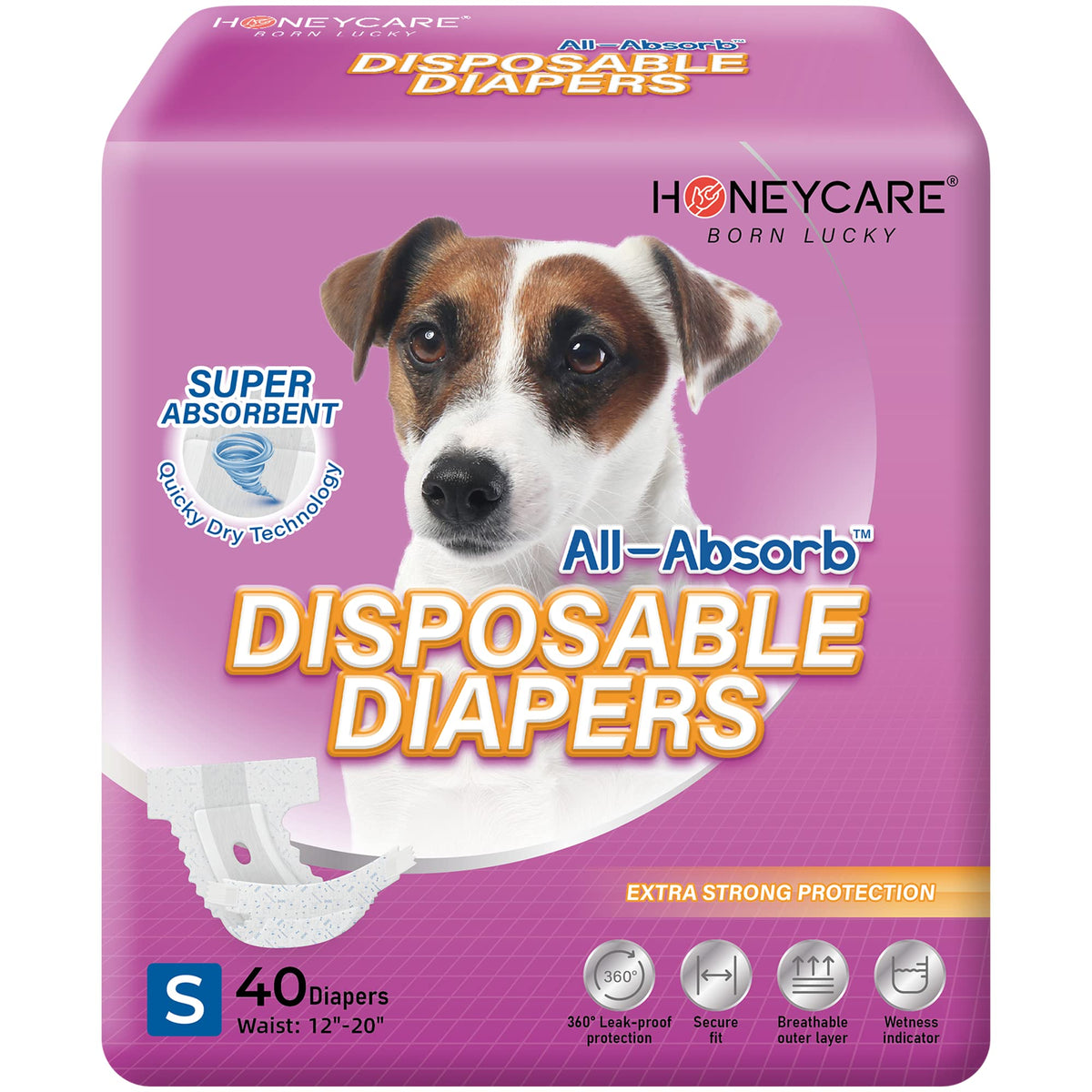 Honey Care All-Absorb Disposable Female Dog Diapers Small Size, Improved, 40 Count, Super Absorbent, Breathable, Wetness Indicator