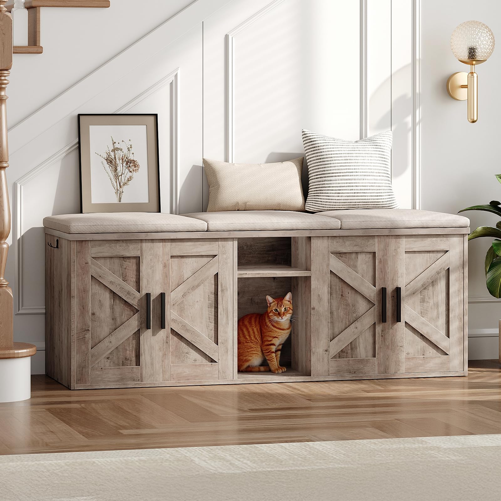 HOOBRO 58.3 Cat Litter Box Enclosure, Litter Box Furniture for 2 Cats, Hidden Litter Cabinet with Corridor, TV Stand with Storag