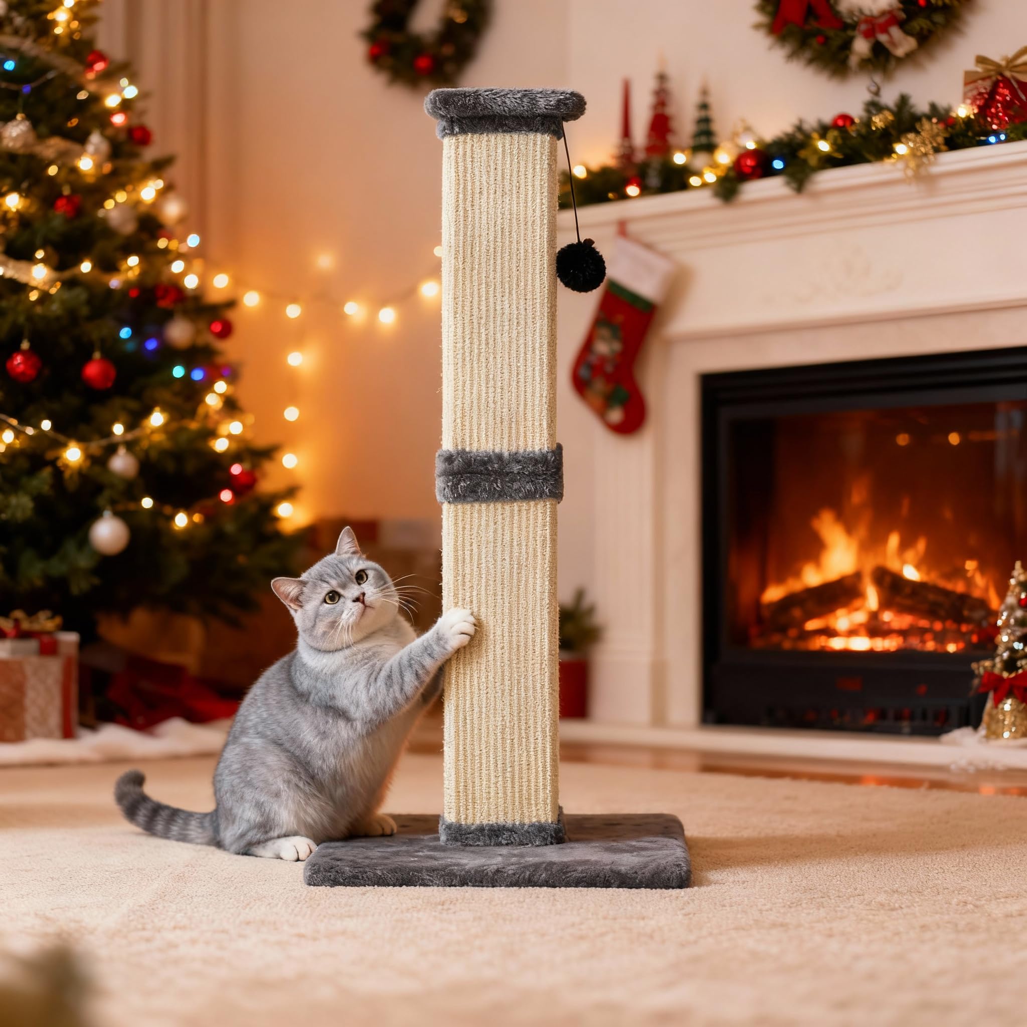 Fansafurn Cat Scratching Post with Hanging Toy Ball, 32-Inch Tall Sisal Cat Scratcher for Indoor Cats, Grey