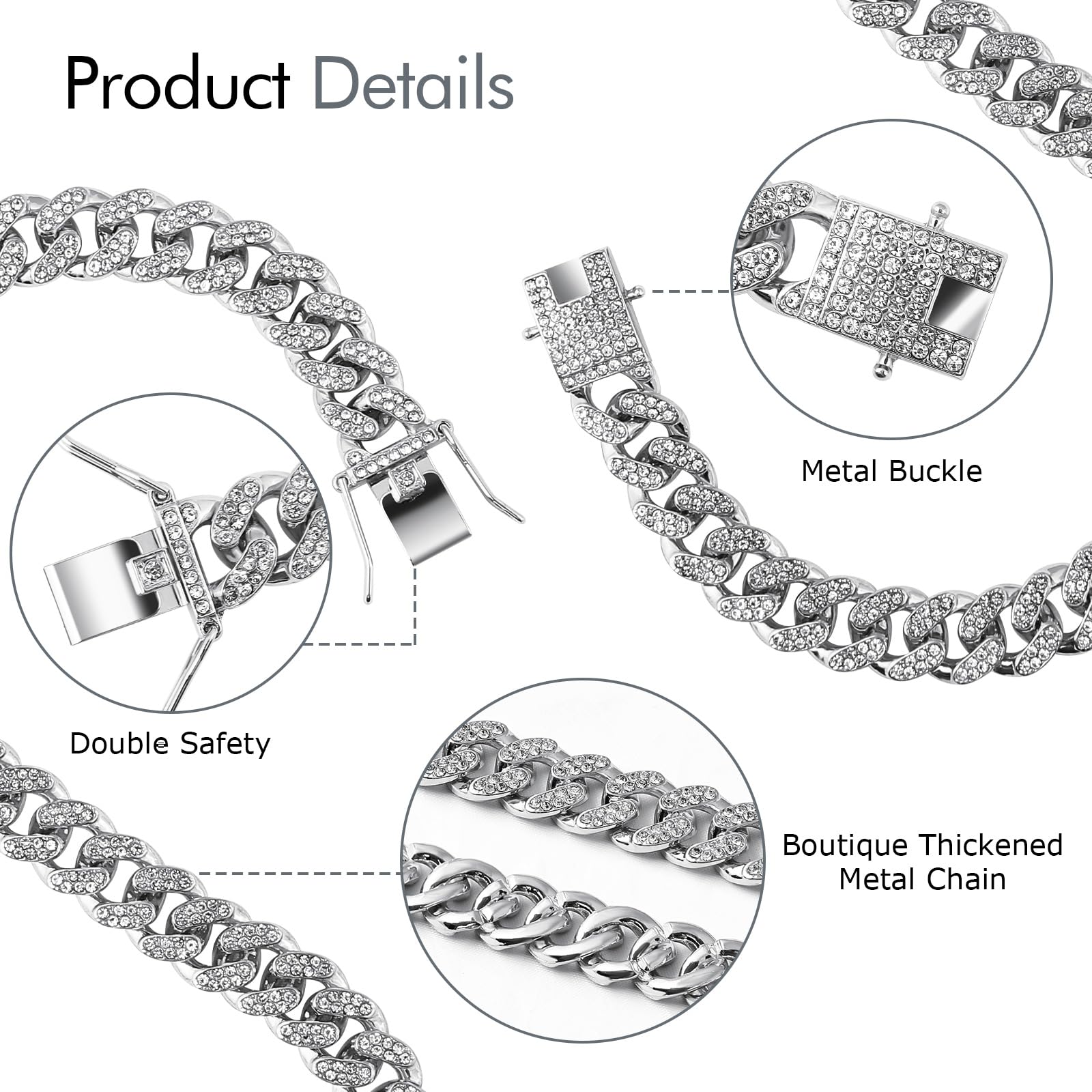 Cuban Link Silver Dog Chain Collar Design Secure Buckle Crystal Necklace Metal Jewelry Accessories For Small Medium Large Pet Ma