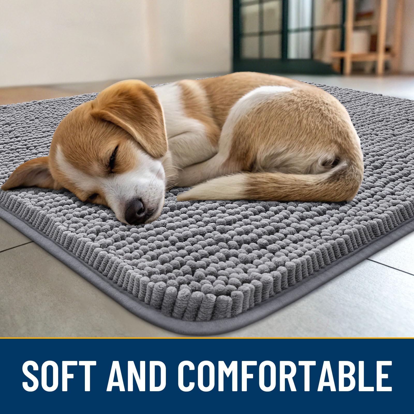 Smiry Dog Door Mat - Non-Slip Chenille Doormat, Absorbs Moisture & Dirt, 34"x21", Grey