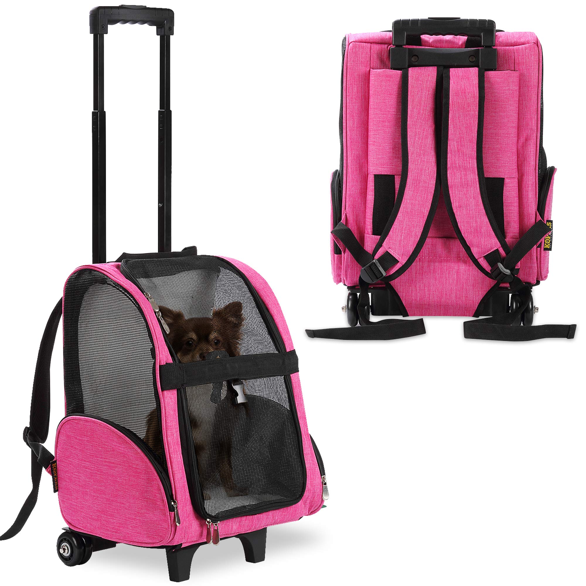 Kopeks Deluxe Backpack Pet Travel Carrier With Double Wheels For Pets Up To 10 Pounds - Black - Approved By Most Airlines