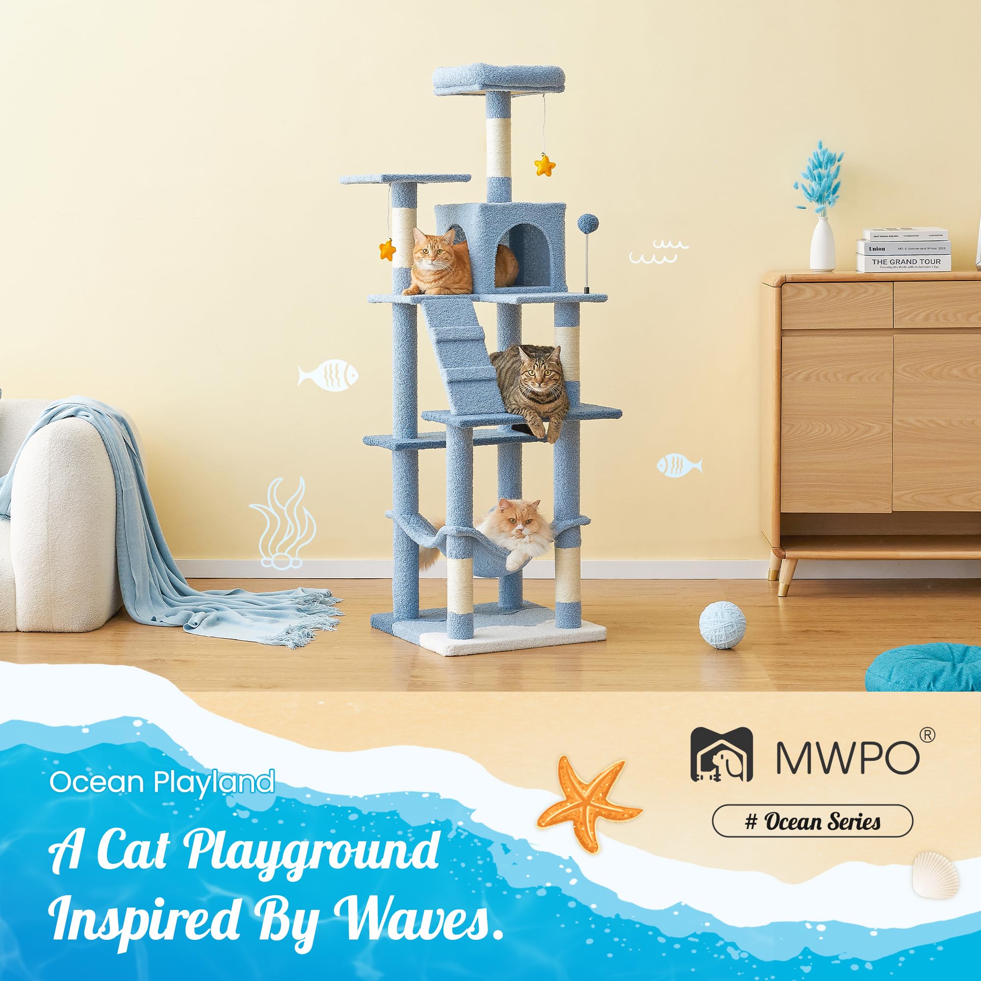 Mwpo Ocean-Themed Cat Tree For Indoor Cats, 63.8 Inches Multi-Level Tower With Sisal-Covered Scratching Posts, Padded Platform,