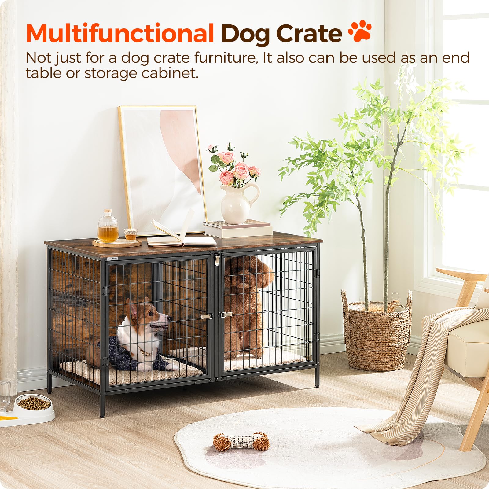 MAHANCRIS Dog Crate Furniture for 2 Dogs, 43.3 Dog Kennel with Removable Divider, Heavy Sturdy Dog Furniture Style Double Cage f