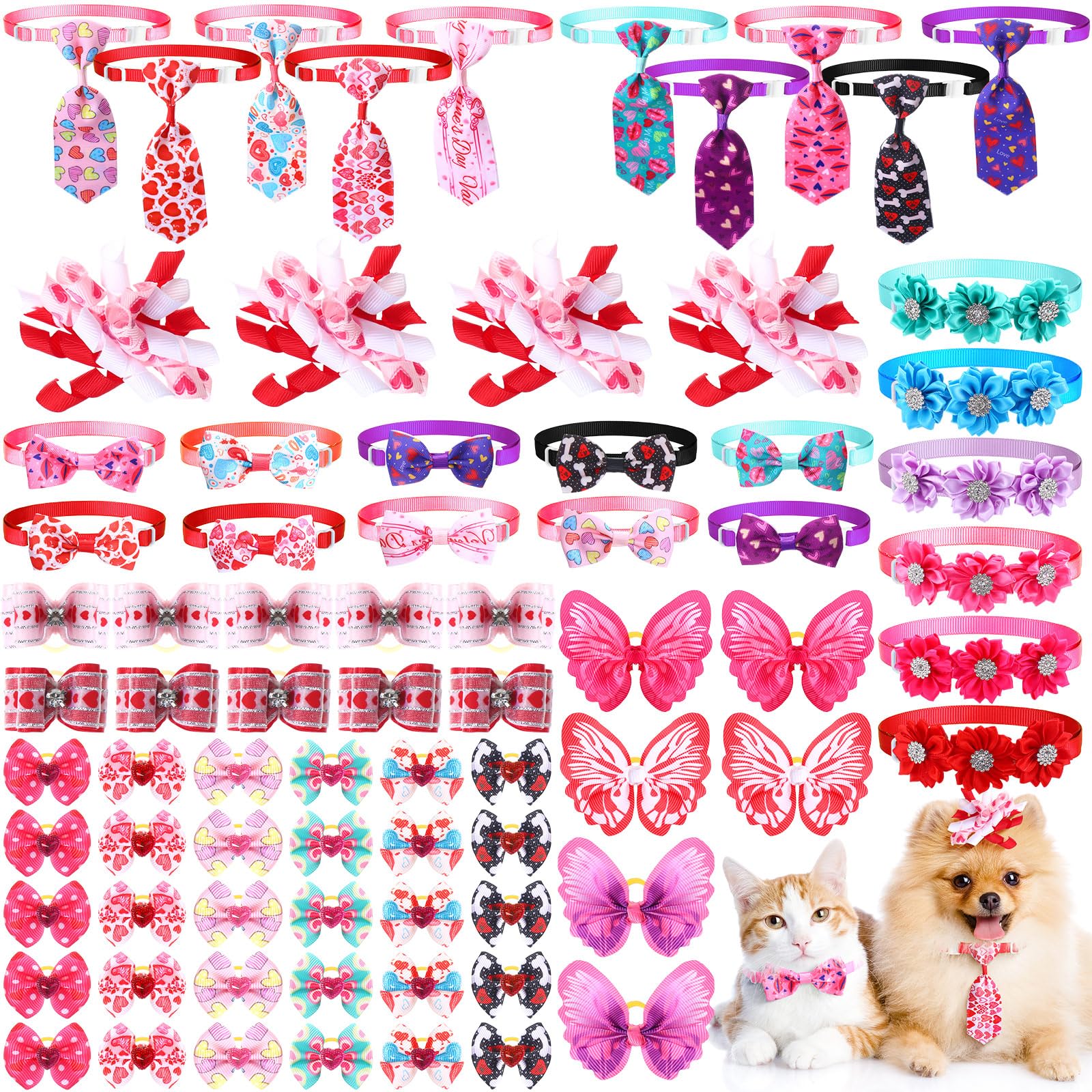 Reginary 70 Pcs Valentine Day Dog Bow Ties Basic Collar Set Holiday Adjustable Puppy Neckties Red Pink Flower Heart Butterfly Rh