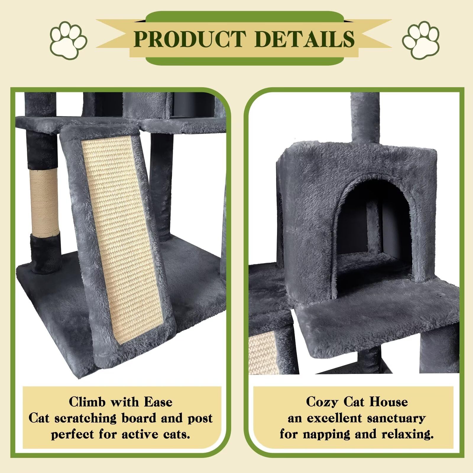 Pempet 57'' Cat Tree Tower For Indoor Cats, Multi-Level Cat Tower Condo With Sisal Scratching Post (Dark Gray)
