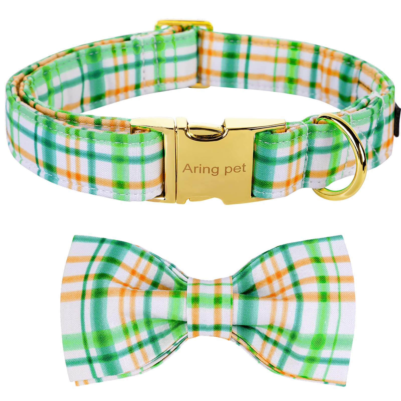 ARING PET Bowtie Dog Collar, Adorable Green Grid Dog Collars with Detachable Bow, Adjustable Collar Gifts for Small Medium Large