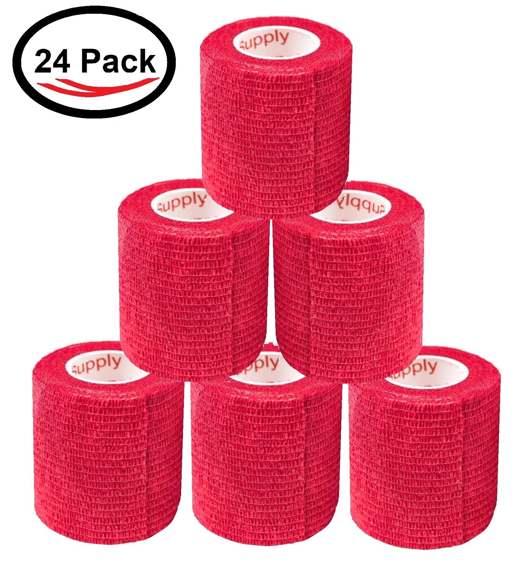 2 Inch Vet Wrap Tape Bulk (Red) (Pack of 24) Self Adhesive Adherent Adhering Flex Bandage Grip Roll for Dog Cat Pet Horse