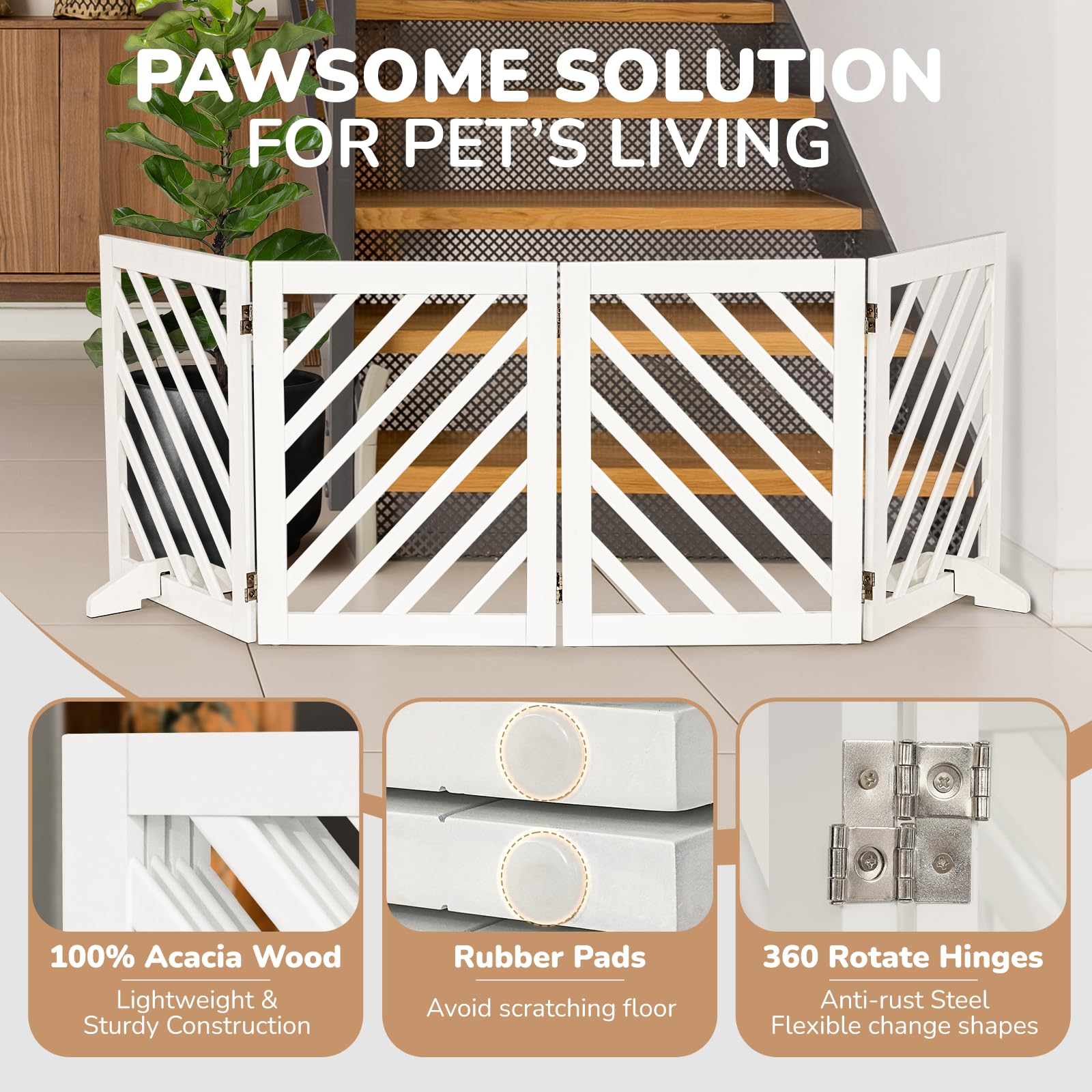 Dcee Solid Acacia Wood Dog Gate, Freestanding Dog Gates Indoor Extra Wide 81 In, Foldable Pet Gate With 4 Panels & 2 Support Leg