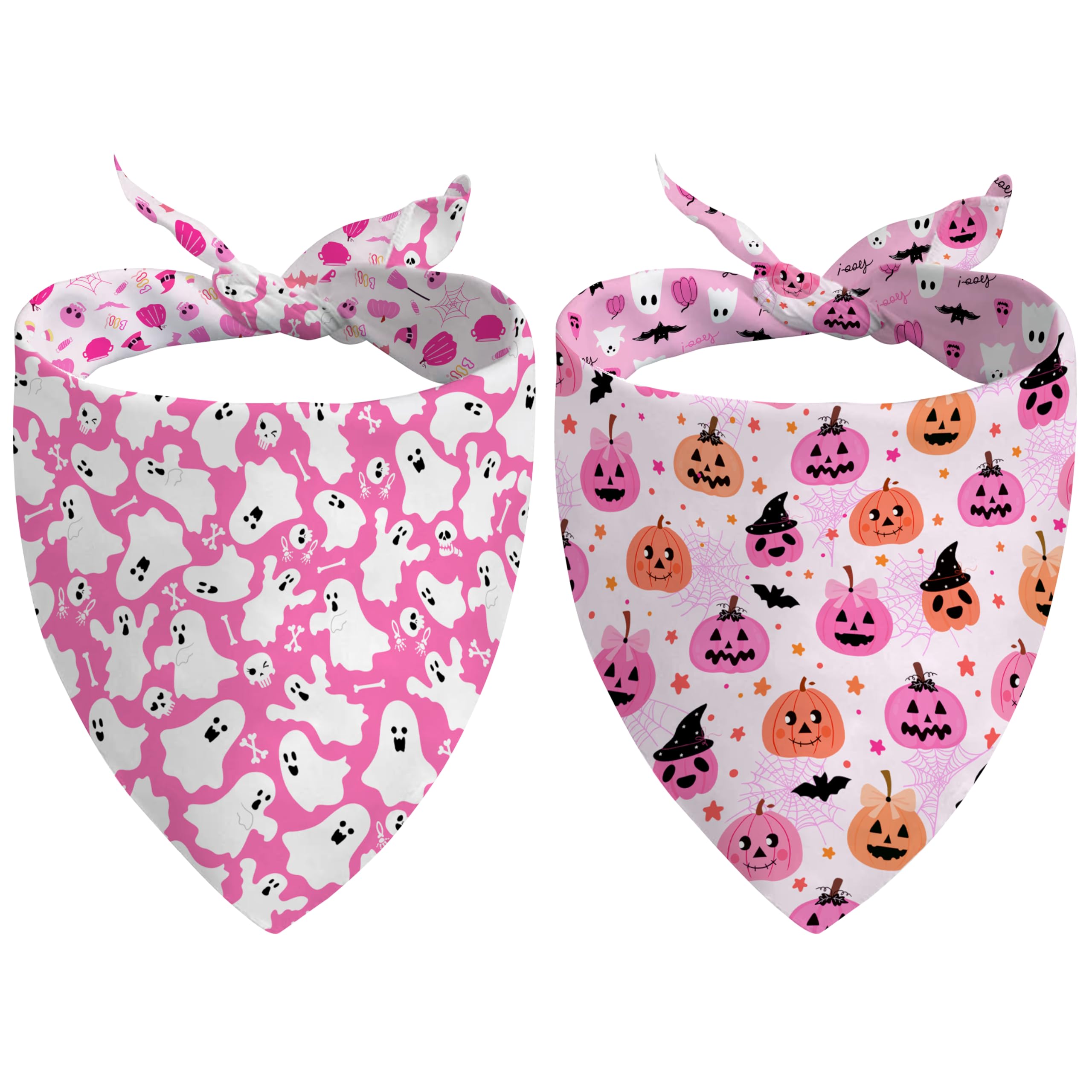 Fall Halloween Dog Bandanas Reversible 2 Pack Small, Pink Pumpkin Ghost Bat Cute Halloween Pet Bandanas For Dogs Adjustable Tria