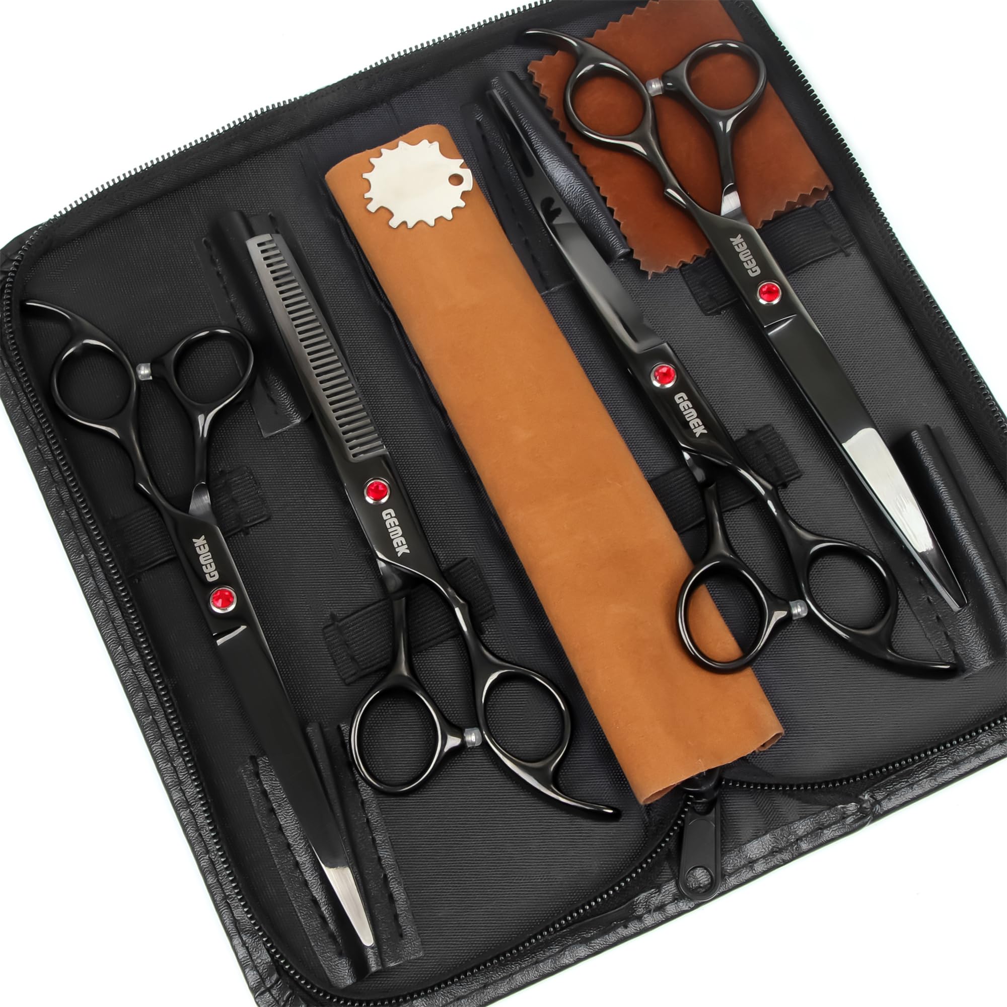 7.0in Titanium Professional Dog Grooming Scissors Set, GEMEK 6 in 1 Straight & Thinning & Upwards Curved & Downwards Curved Scis