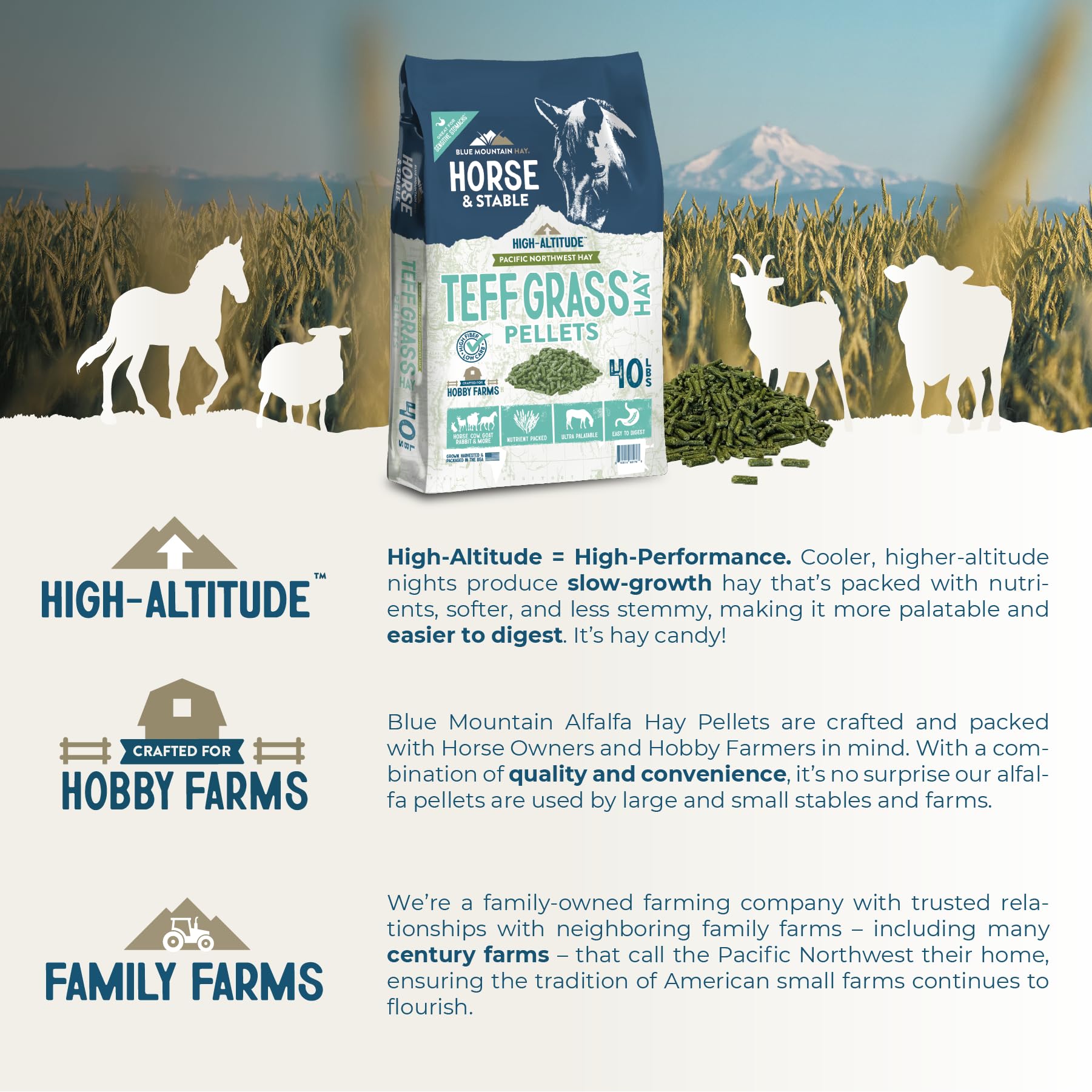 Blue Mountain High Altitude Horse Hay Pellets | Ultra Premium Alfalfa, Timothy, Orchard, Teff Hay | Nutrient Dense | Cattle, She