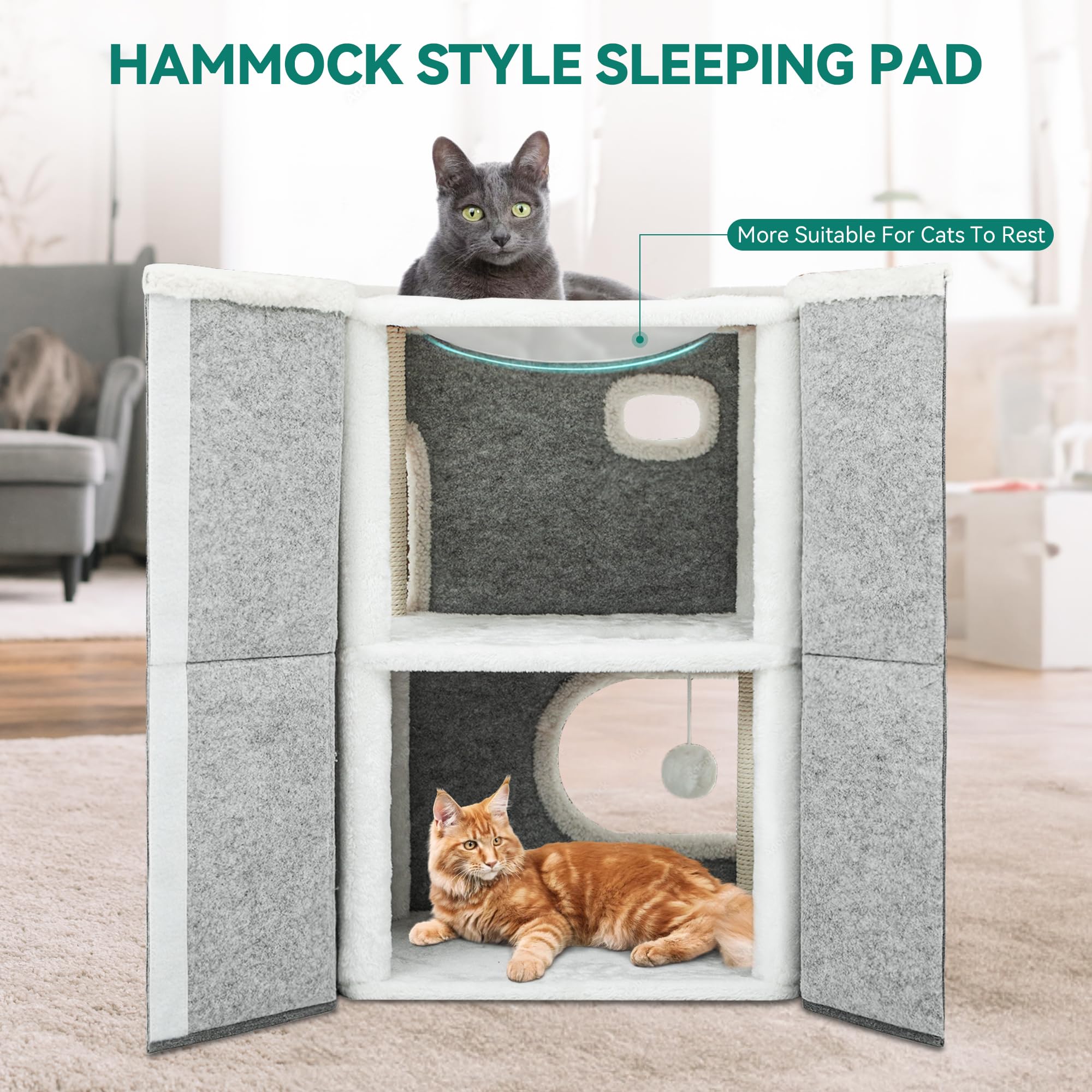 YIATHOME 2 Storey Cat House, Cat Beds for Indoor Cats, Small Cat Condo with Scratch Post and Hideaway Cave, Modern Cat Cube Play