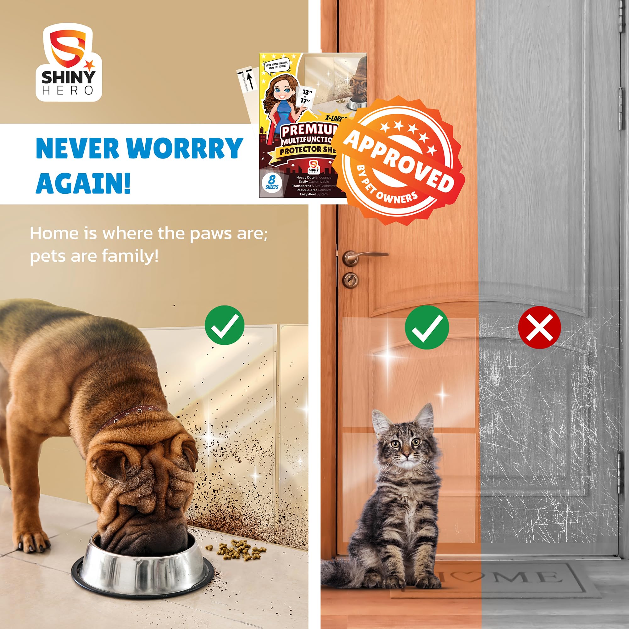 8-Pack - Clear Wall & Door Protector from Dog Scratching - Anti Cat Couch Guard Plastic Sheets, Furniture Self-Adhesive Removabl