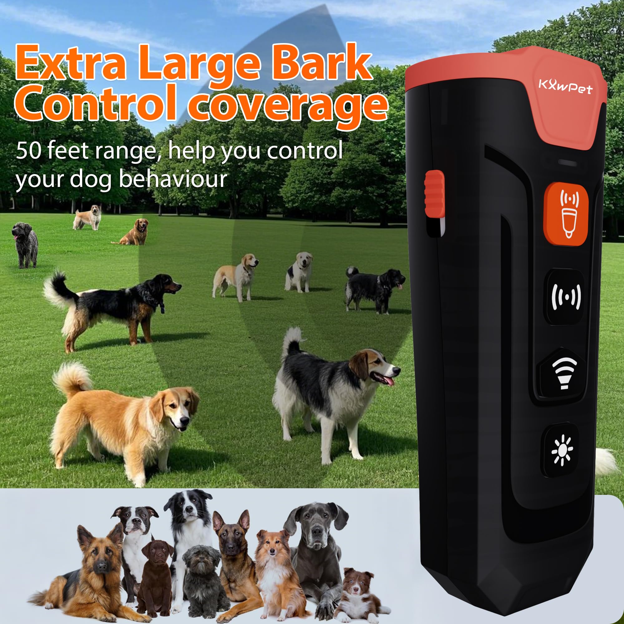 Kxwpet Ultrasonic Dog Bark Deterrent Device, 50 Ft Range, Led Flashlight, 3 Heads, Correct Dogs Bad Behaviors Without Harm, Alte