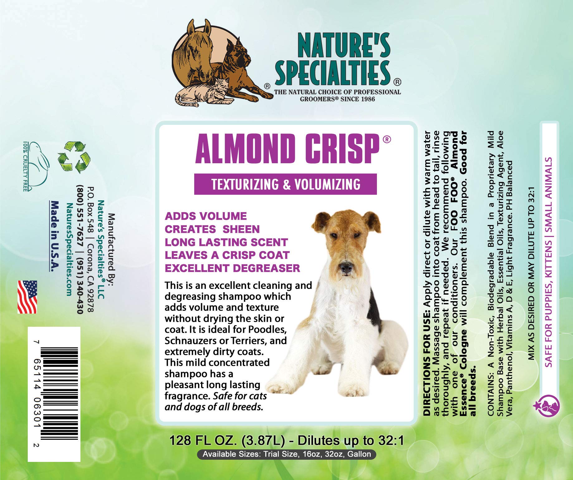 Nature's Specialties Almond Crisp Dog Shampoo, Ultra Concentrated, 1 Gallon, Texturizing & Volumizing, Made in USA, Model AC1G