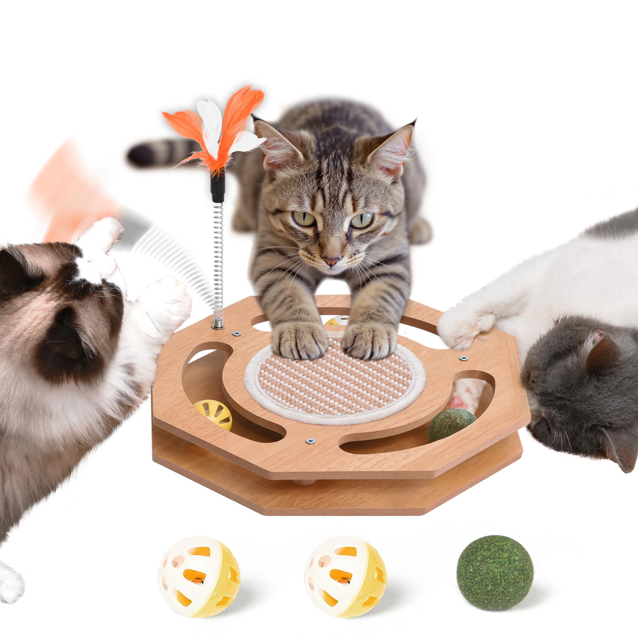 Fantasreen Interactive Toy Cat Scratcher, Sisal Scratching Pad, Kitten Toy Wood with Bell Ball Track, Feather Teaser for Mental 